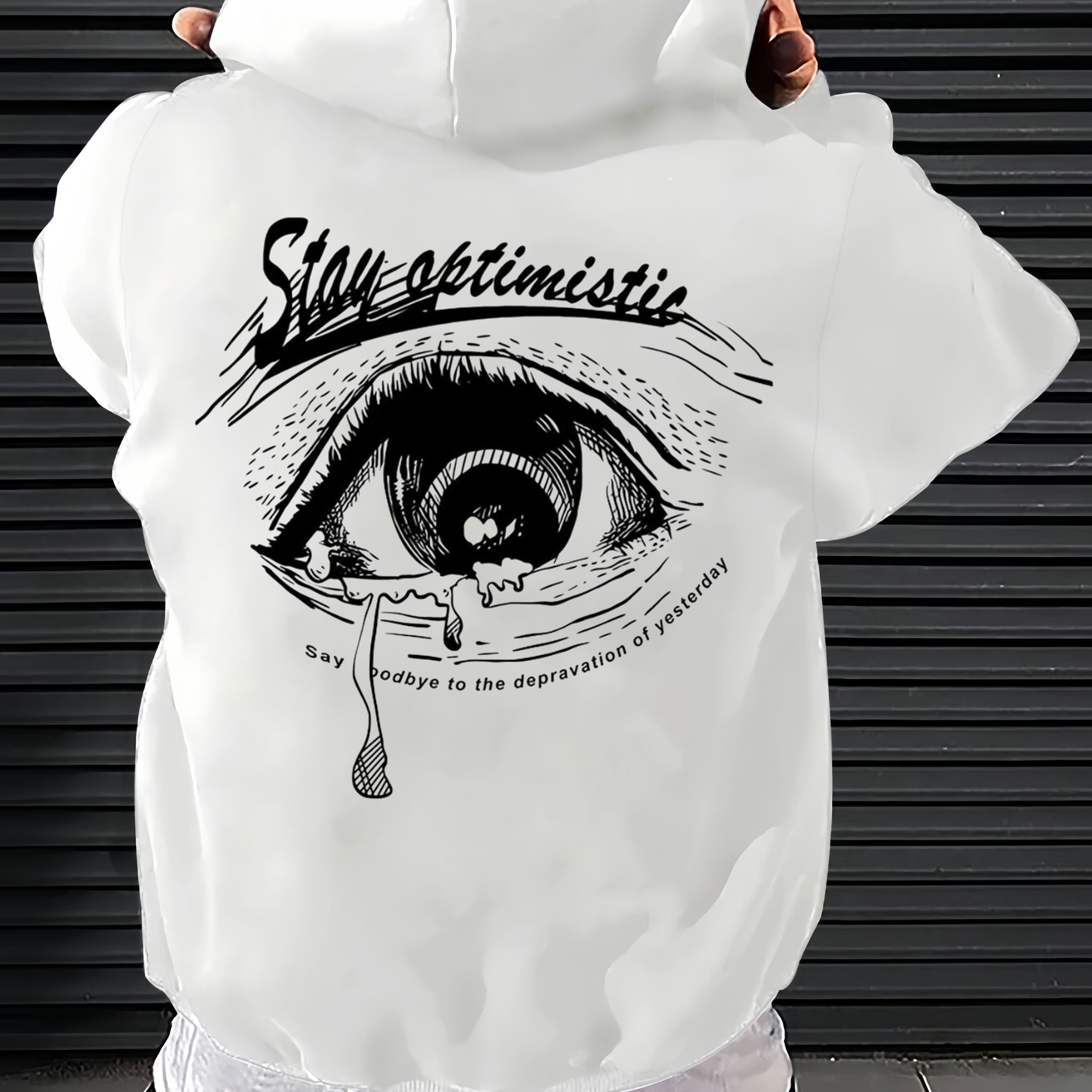 TEMU Men's Casual Hoodie With Eye Print, Geometric Pattern, Non-stretch Knit Fabric, Loose Fit With Pocket Detail, 100% Polyester, 250gsm -