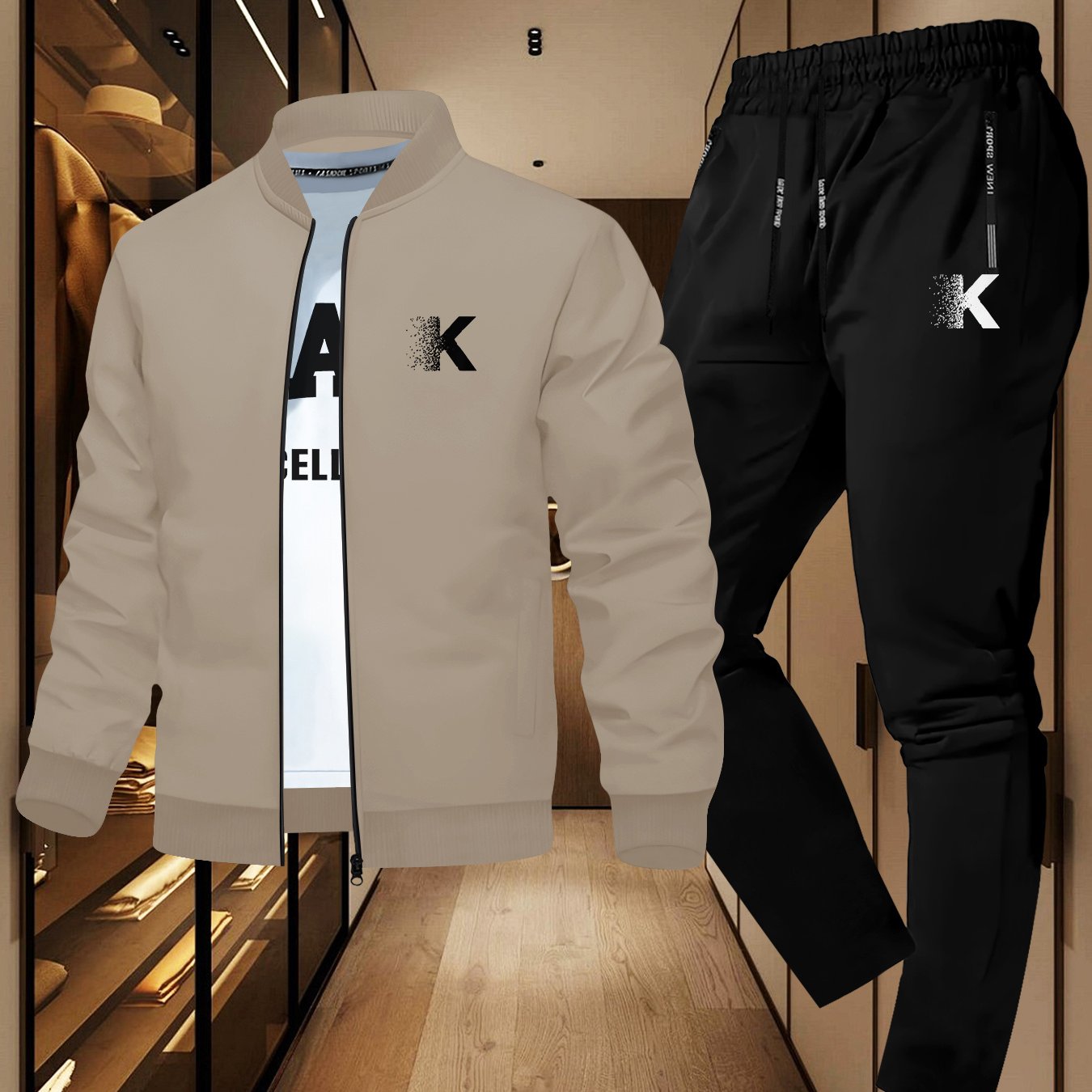 TEMU A Two-piece Set Featuring A Fitted Men's Jacket And Athletic Long Pants, Designed With A Fragmented Pattern, Made From Smooth Polyester Fabric