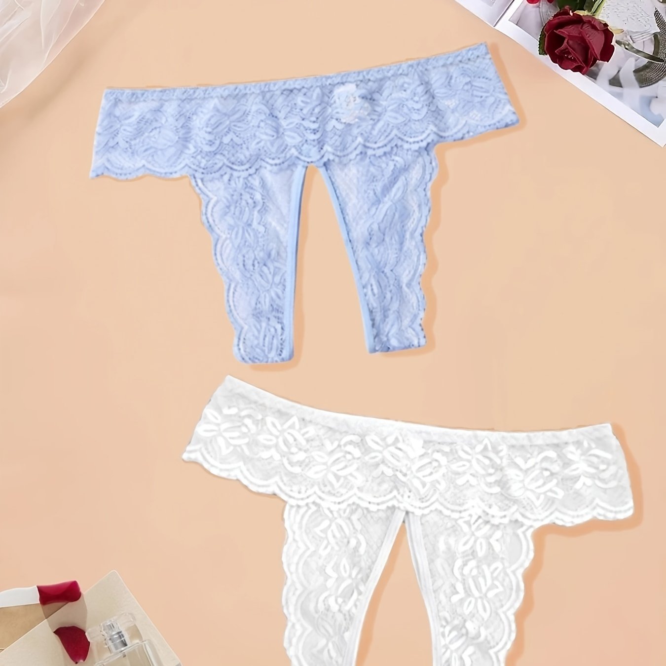 Floral Lace Thongs Scallop Trim Open Crotch Panties Women's - Temu Ireland