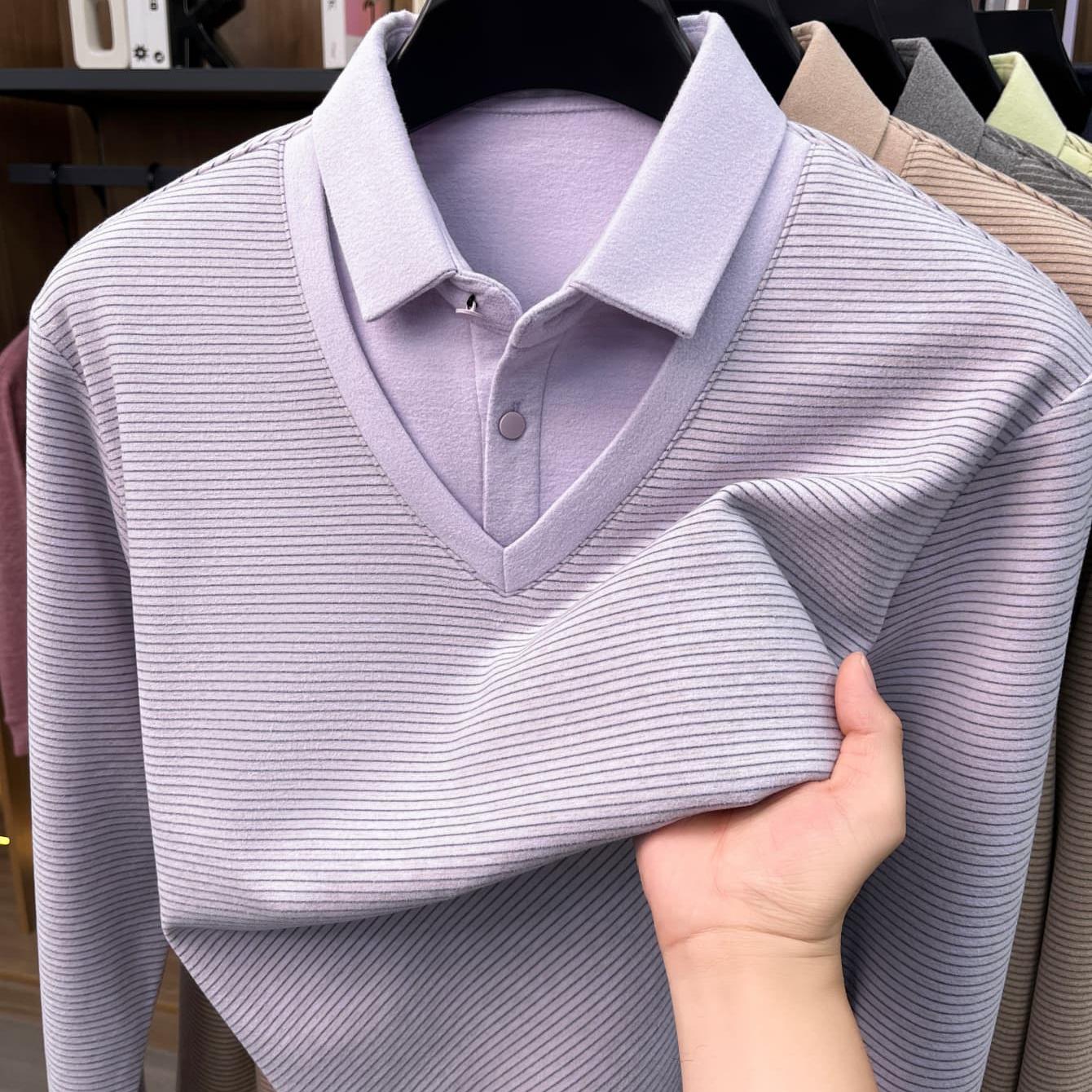 TEMU Men's Shirt Collar Fake 2pcs Knitted Top, Thick Warm Long Sleeve Base Shirt, Casual Pullover For Golf, Fishing, Tennis, Winter Daily Wear For