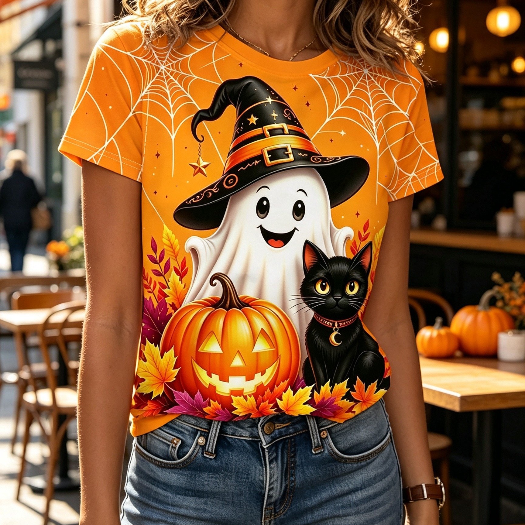 TEMU Standard Size Women Trendy Crew Neck T-shirt, Cute Halloween Black Cat Pumpkin Spiderweb Printed Graphic Orange Short Sleeve Loose , Spooky