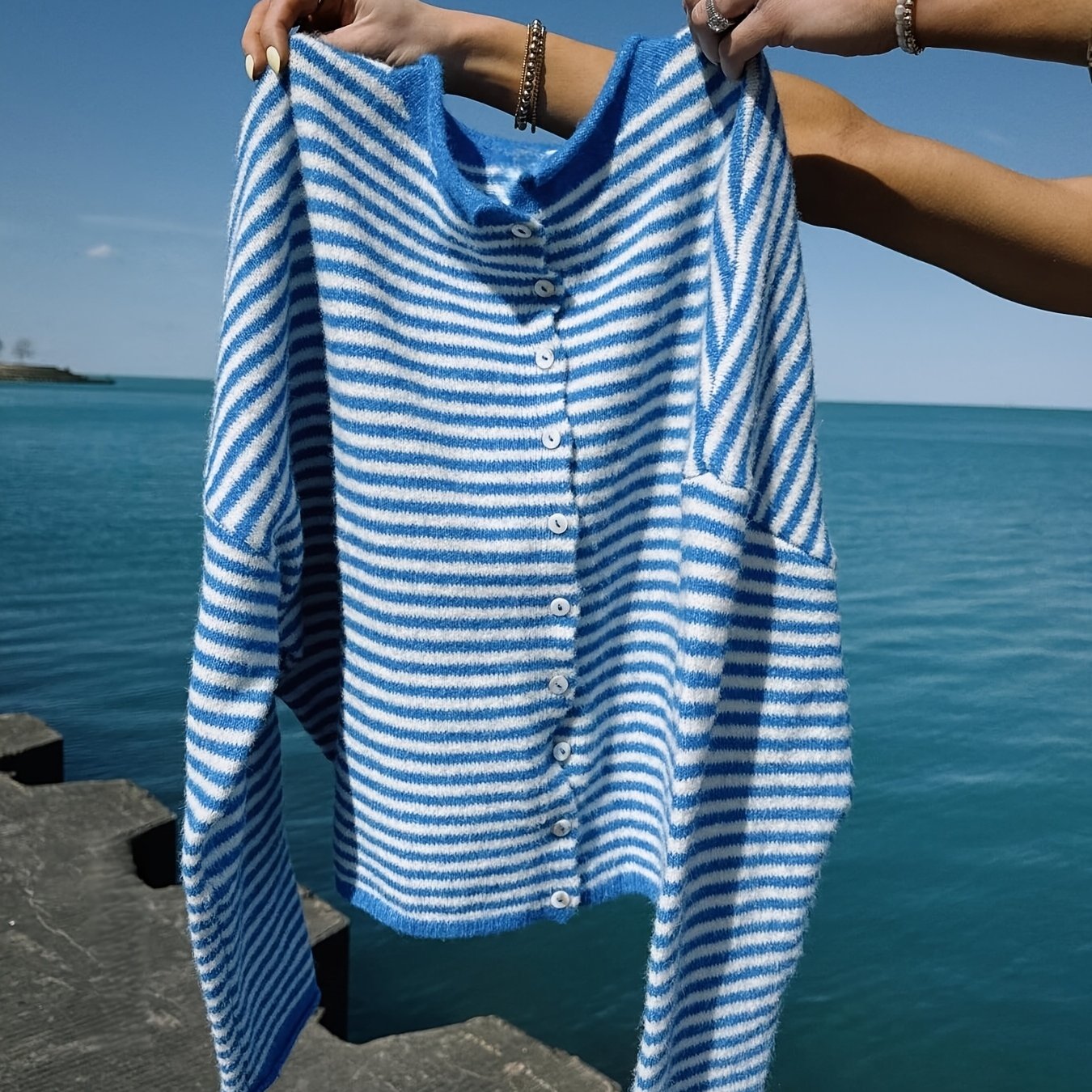 New Style And White Striped Cardigan, Round Neck Single-breasted Elegant Casual Sweater