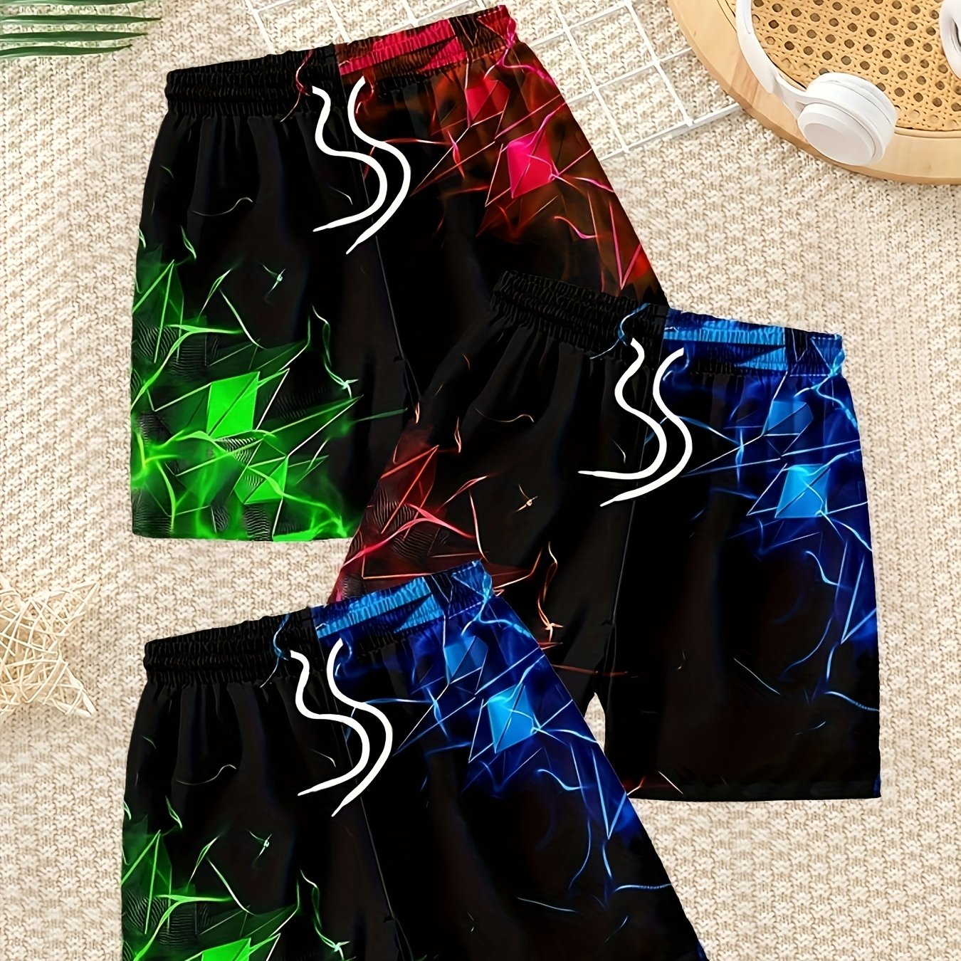 Image of 3pcs Set Of Printed Beach Shorts For Boys - Quick-drying And Breathable, With An Elastic Waistband And Drawstring, A For Summer, Perfect For Outdoor