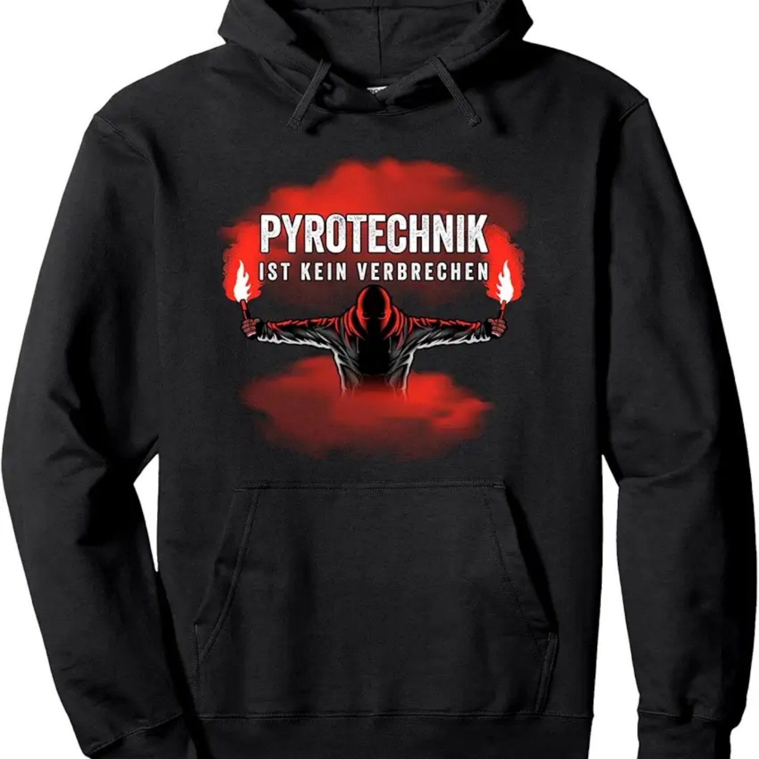 Men's Graphic Hoodie - Pyrotechnik Ist Kein Verbrechen Flame Design With Red Print, & Red Aesthetic Pullover Sweatshirt, Machine Washable Hooded Sweatshirt With Pockets For Enthusiasts