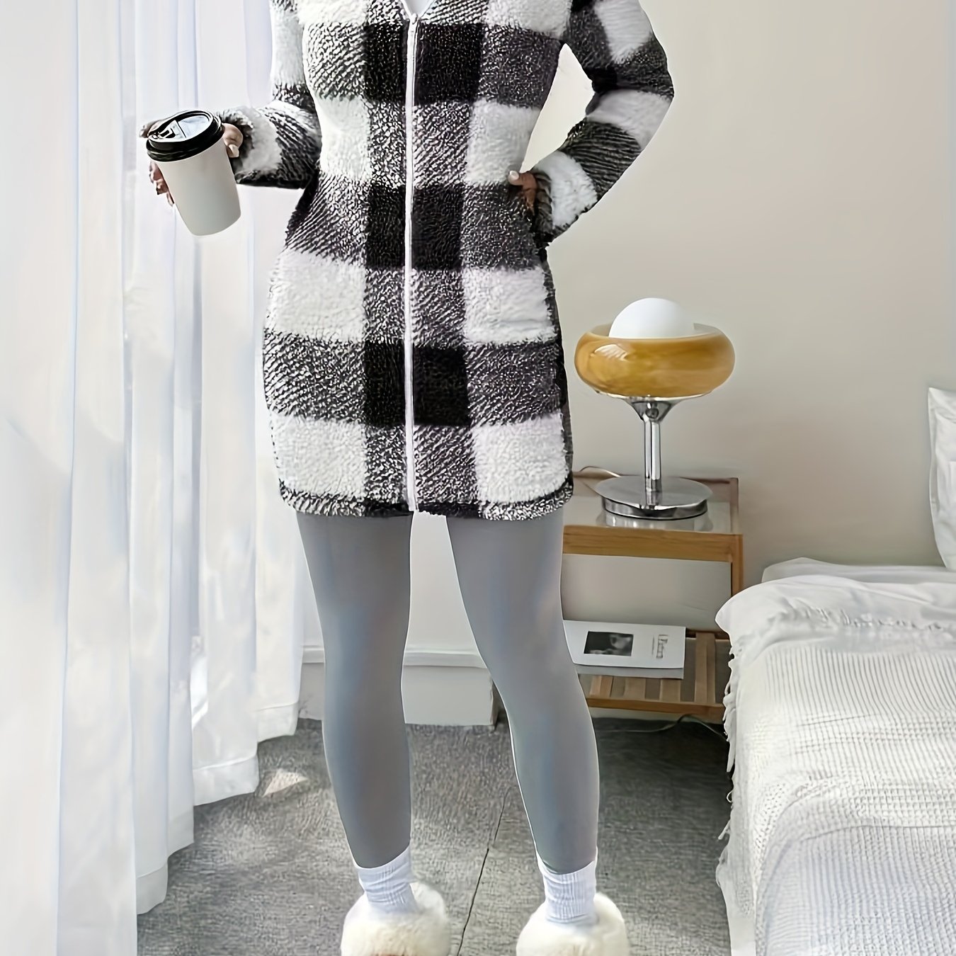 Image of Printed Double-faced Plush Hooded Zipper Cardigan Casual Women's Autumn Winter Plush Coat