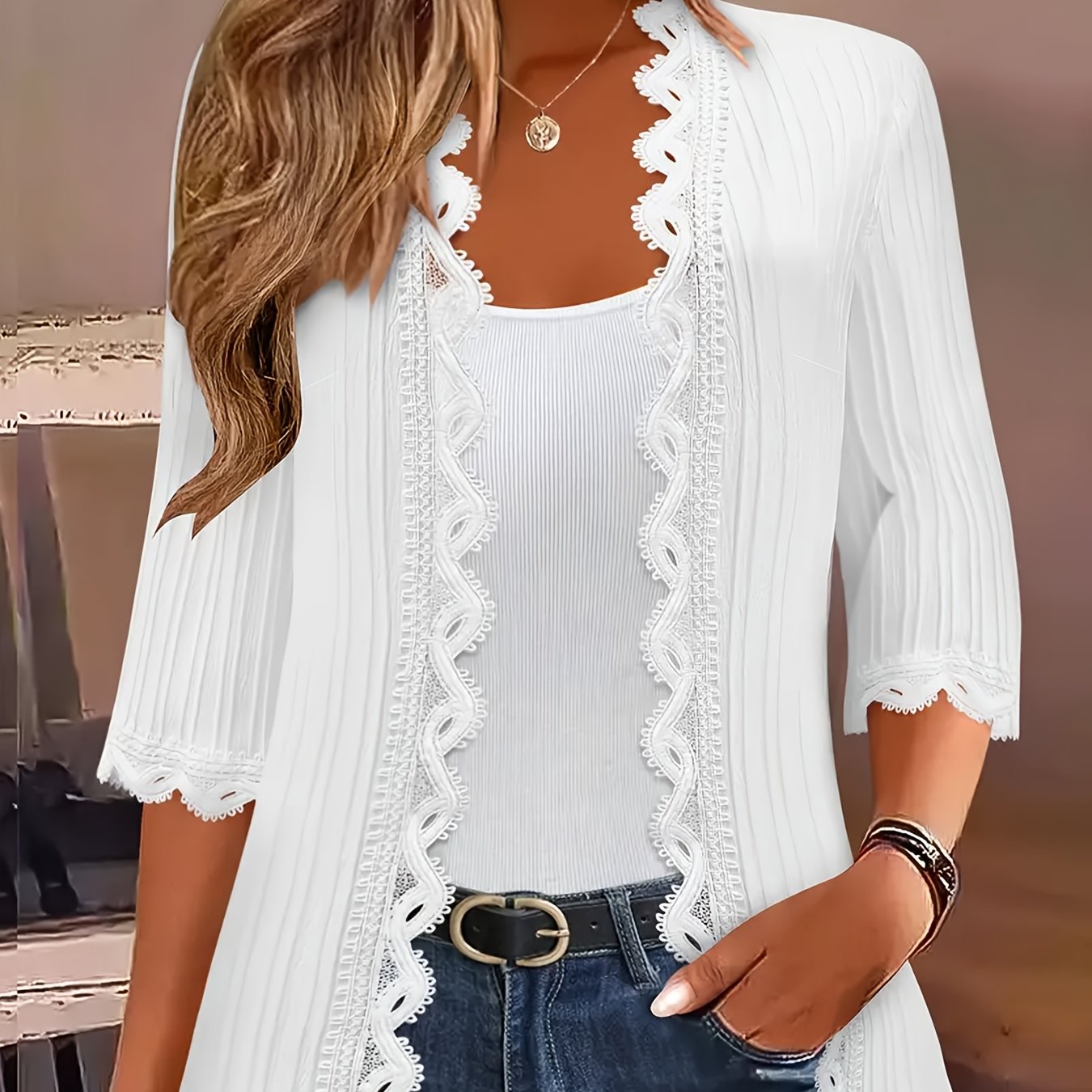 Plus Size, Plus Size Women' Color Open Front Collared Lace Cardigan Jacket