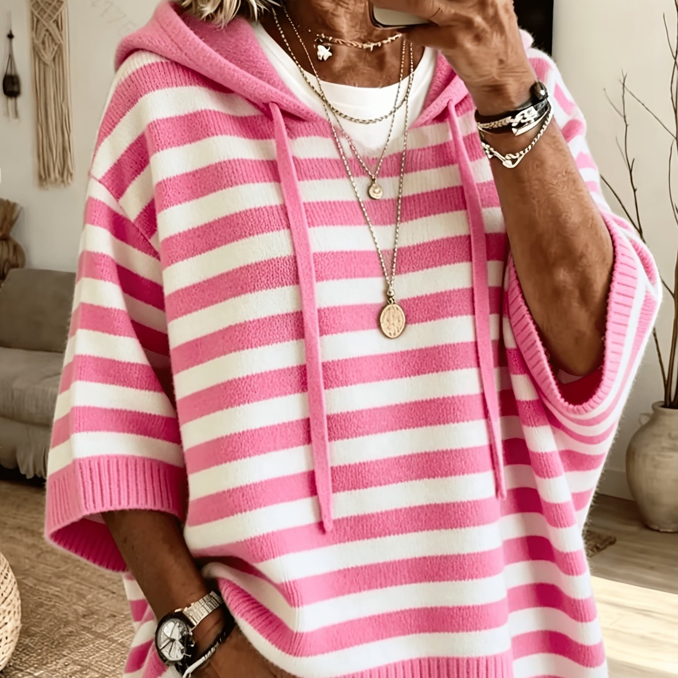 TEMU Plus Size, Women's Elegant Casual Cute Sexy Hooded Sweatshirt Cropped Striped Batwing Sleeve Short Sleeve Mid Sleeve Cardigan Jacket Knitwear
