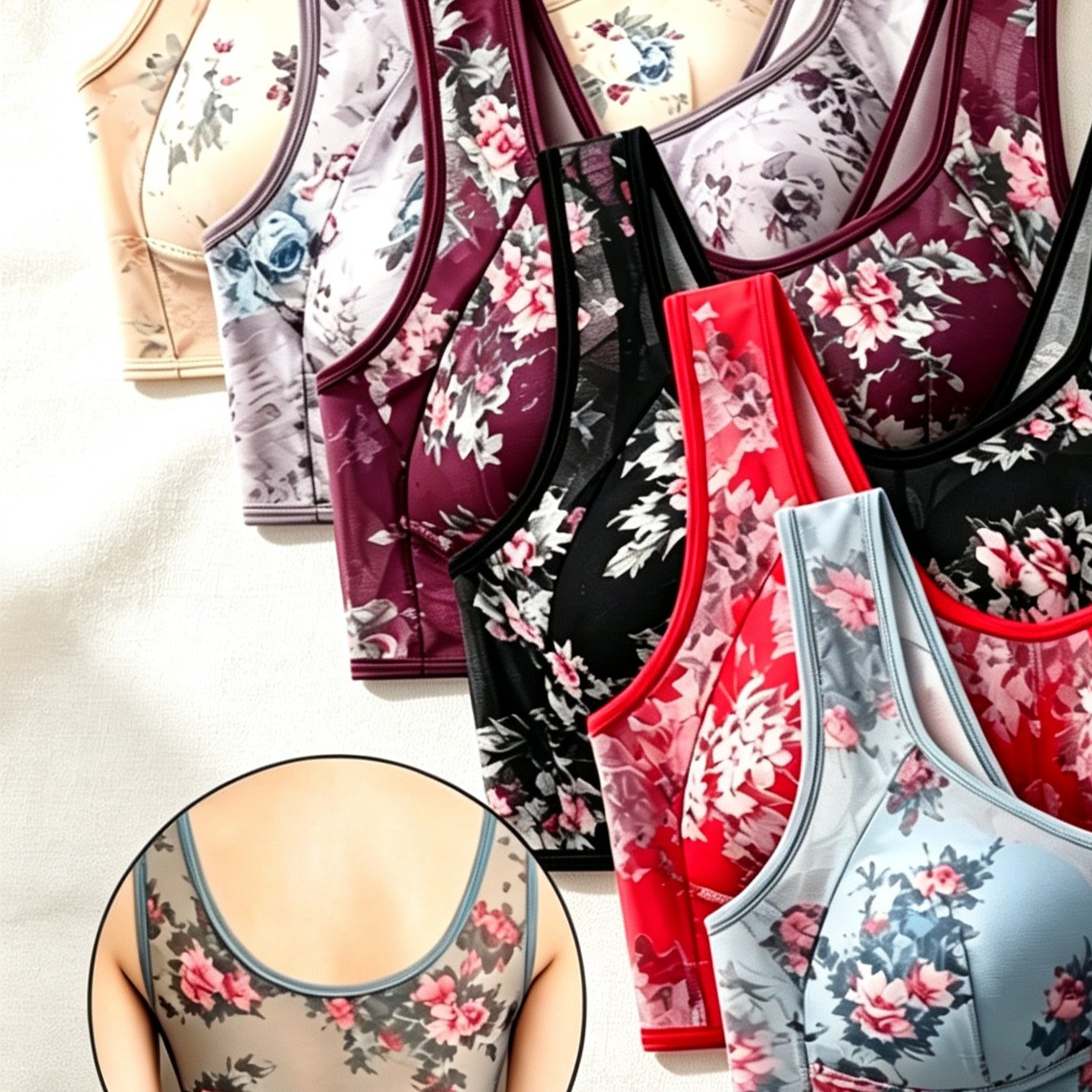 Women Hook- Style Lingerie 6pcs, Thin Mesh Printed Wireless Bra For Middle-aged Seniors, Smooth Close-fit Surface, Base Under All Kinds Of Loose Daily Clothes
