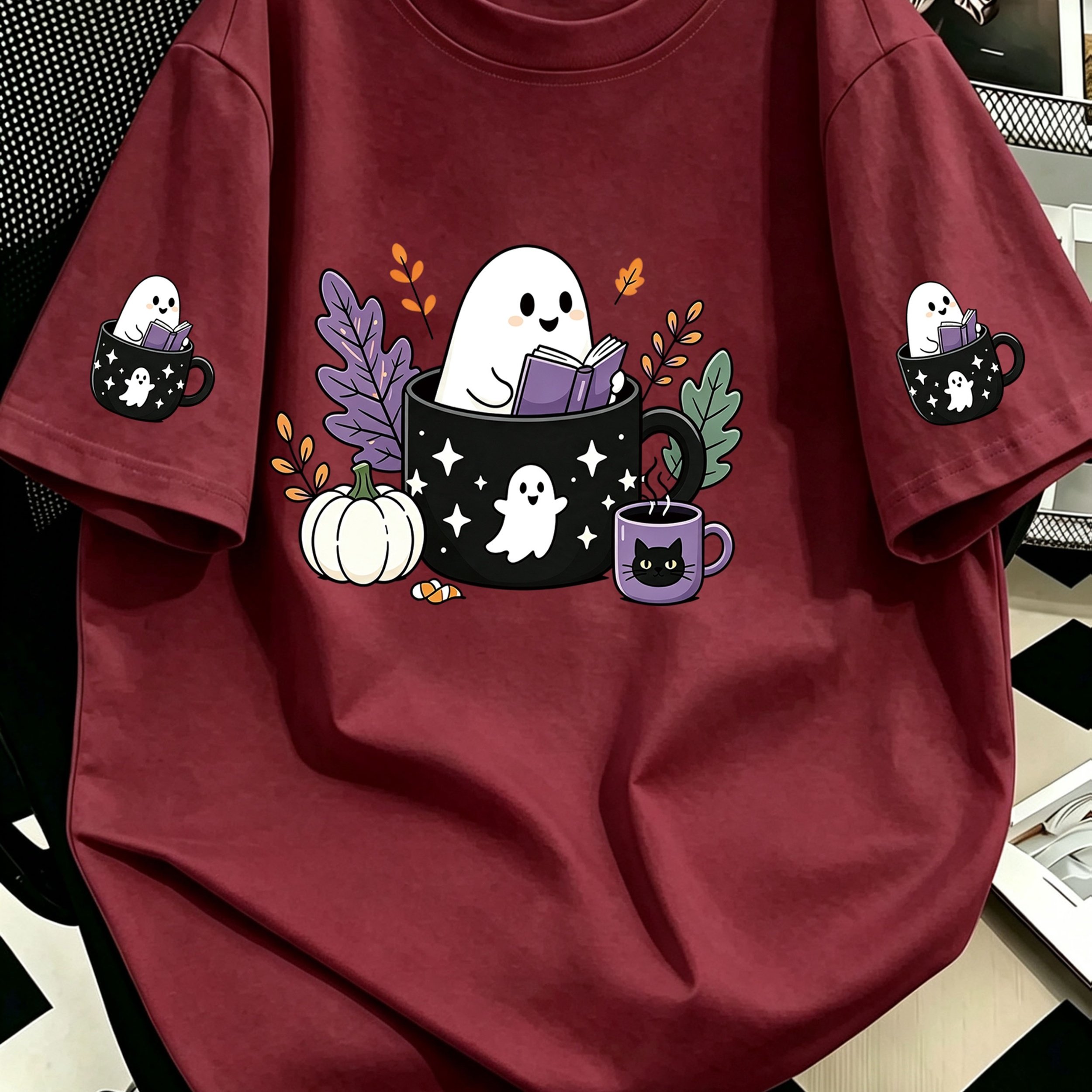 TEMU Plus Size Women's Halloween Twig Cup Pattern Printed T-shirt, Suitable For , Beach, Resort, Spring, Valentine's Day, Carnival, Mother's Day