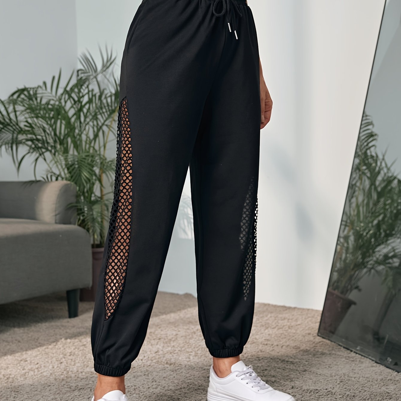 E-shop Frühling/Sommer Leichte Große Netz-Patchwork 9-Zoll Cropped-Hose, Damen Jogginghose mit hohem Bund Kordelzug, Laufhose, Yogahose,