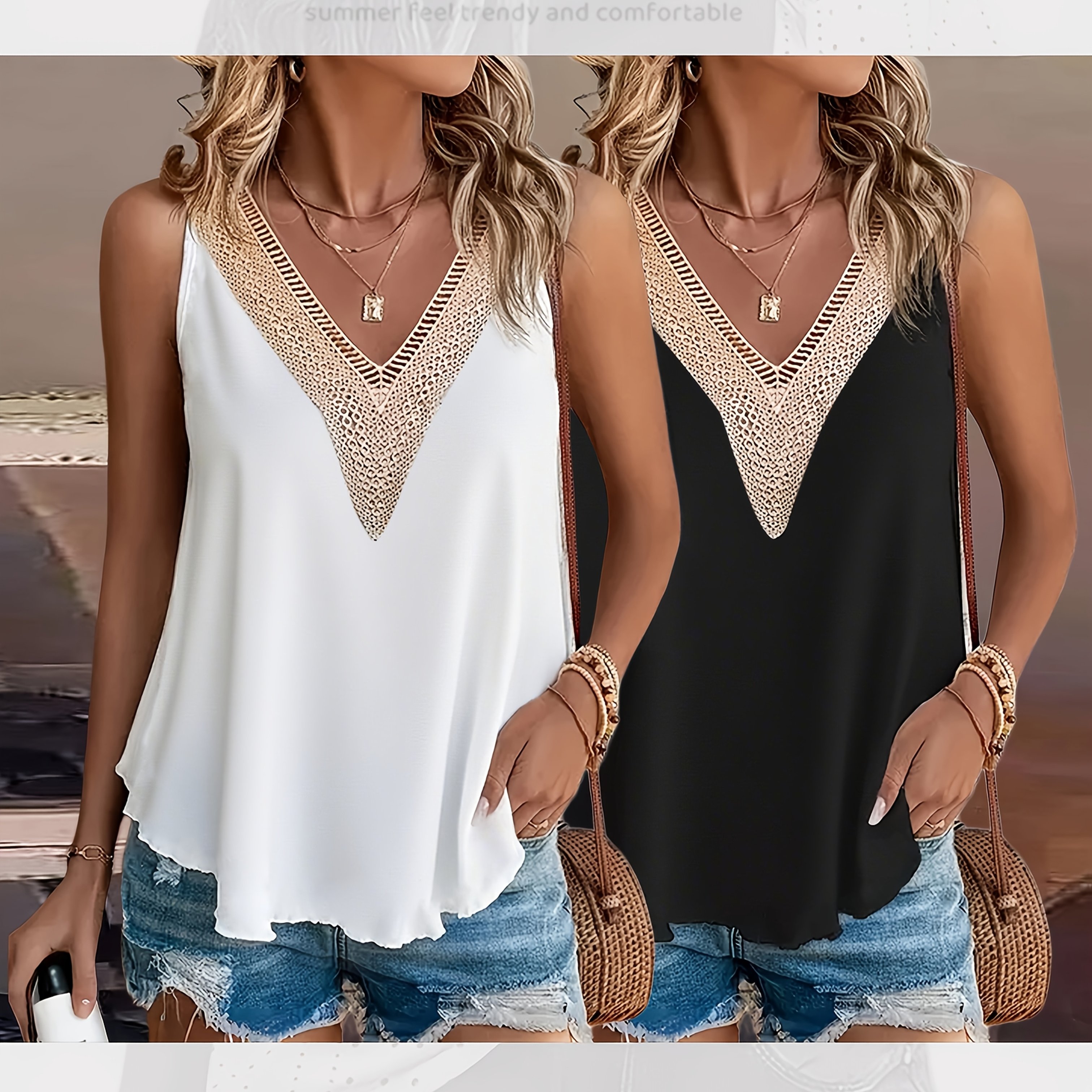 E-shop 2 Stück Damen Sommer Tanktops, Bauchkontroll Tiefes V-Ausschnitt Casual Crop Tanktops, Weich Hautfreundlich