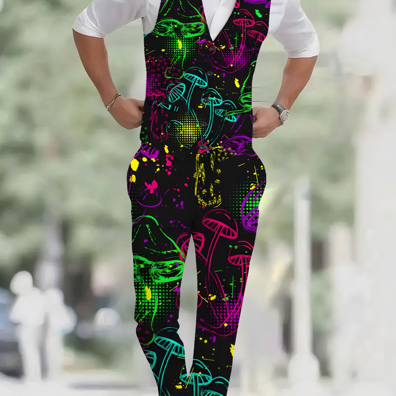 TEMU Men's Fashion 2pcs Vest   Trousers Set With Fluorescent Mushroom Graffiti Pattern, Casual Trendy Suit Vest And Pants Combo, Classic Banquet