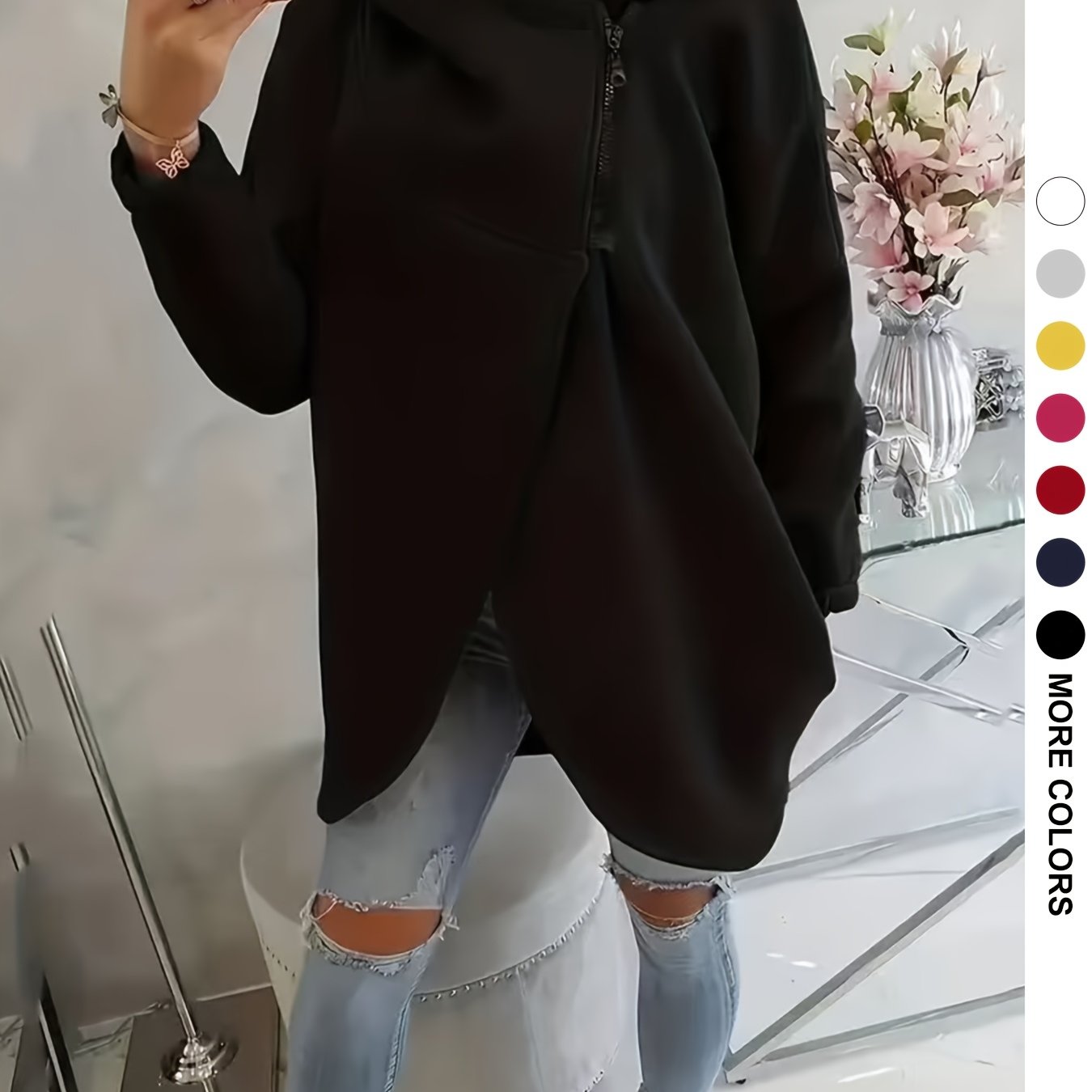 E-shop Damen-Kapuzenpullover in Übergröße mit durchgehendem Reißverschluss vorne asymmetrischem Saumschlitz – Bequemer, warmer Langarm-Pullover aus