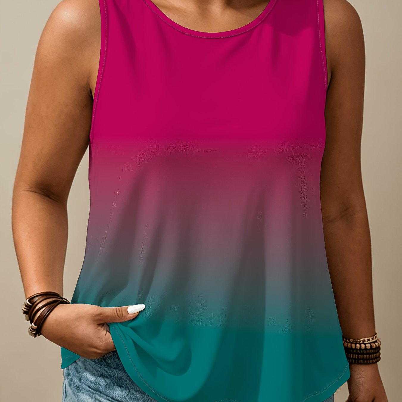 TEMU Women's Plus Size Ombre Smudge Sleeveless Tank Top - Loose Fit Round Neck -compatible Ombre Print Shirt Suitable For Layering Or Wear, Machine