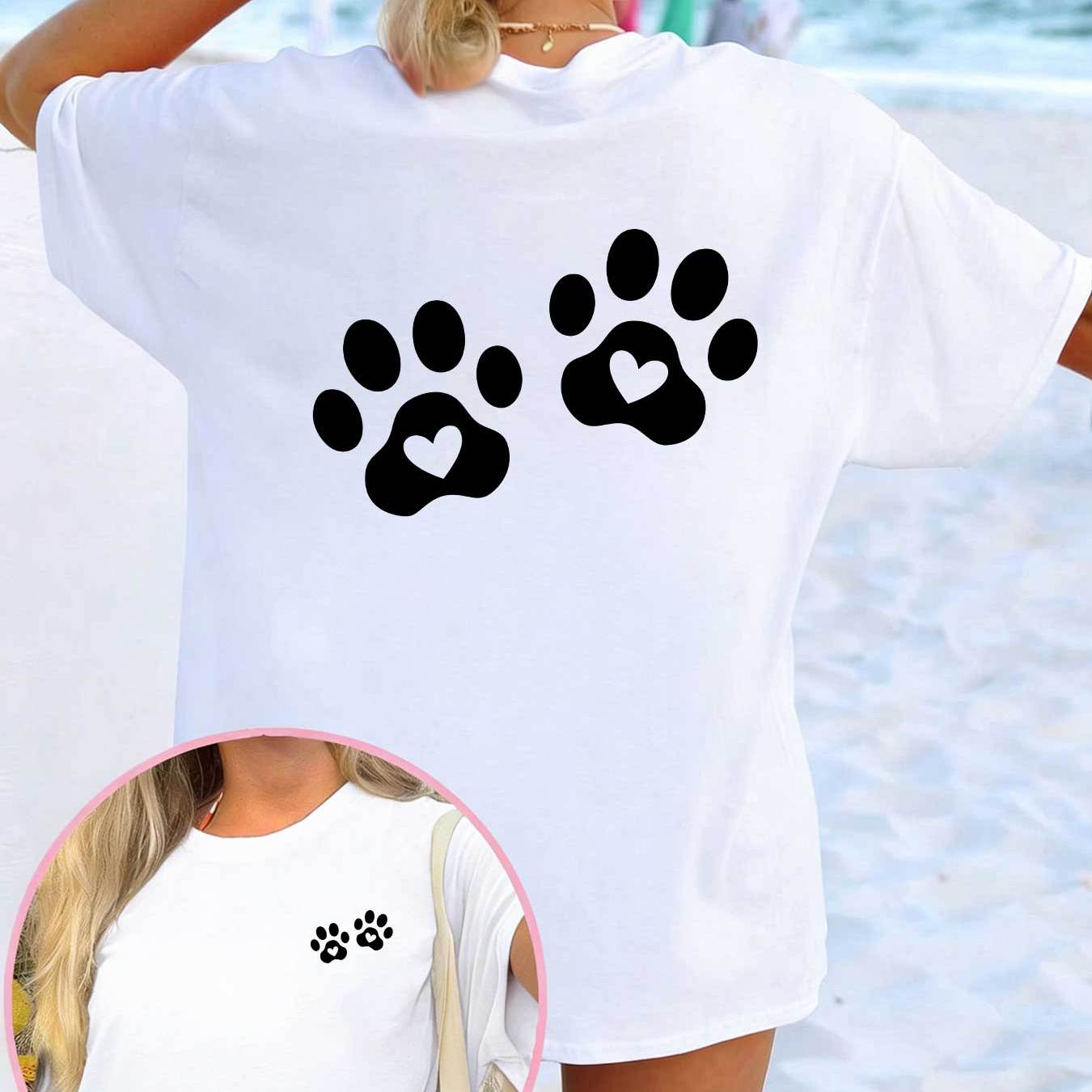 TEMU Women's Casual Sports T-shirt, Round Neck Short-sleeved Top, Fashionable And Trendy Love Heart Paw Design Double-sided Printing, Fashionable And