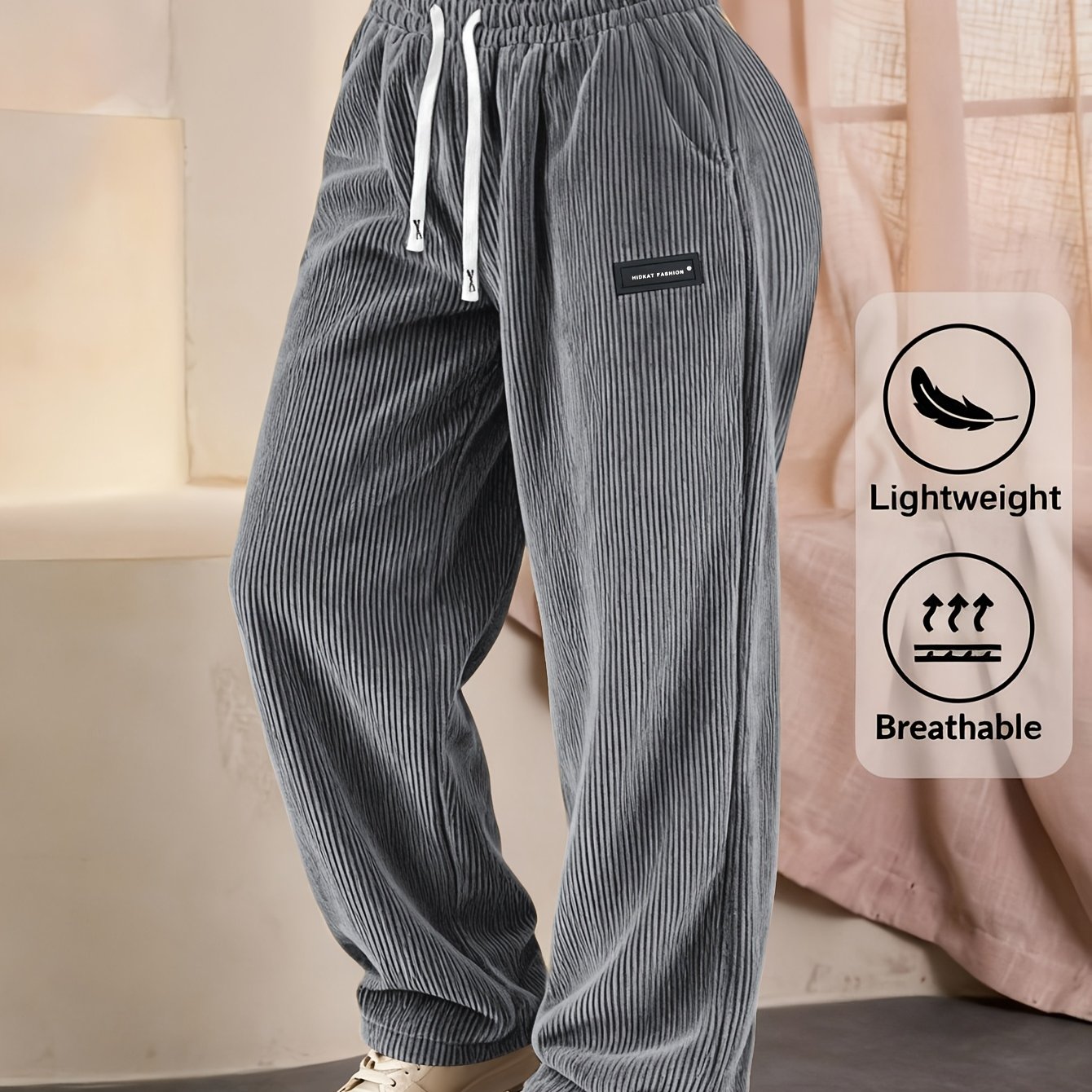TEMU New Women's Corduroy Casual Long Pants, Straight Cut Solid Color With Drawstring Pockets, Breathable For Daily