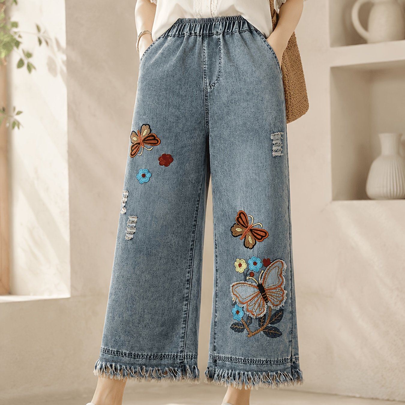 Embroidered Lightweight Cropped Jeans For Women, Baggy Straight Leg Elastic Waist Jeans For Spring Summer And Autumn With Hem, Denim Capris For Everyday & Formal Out Fits