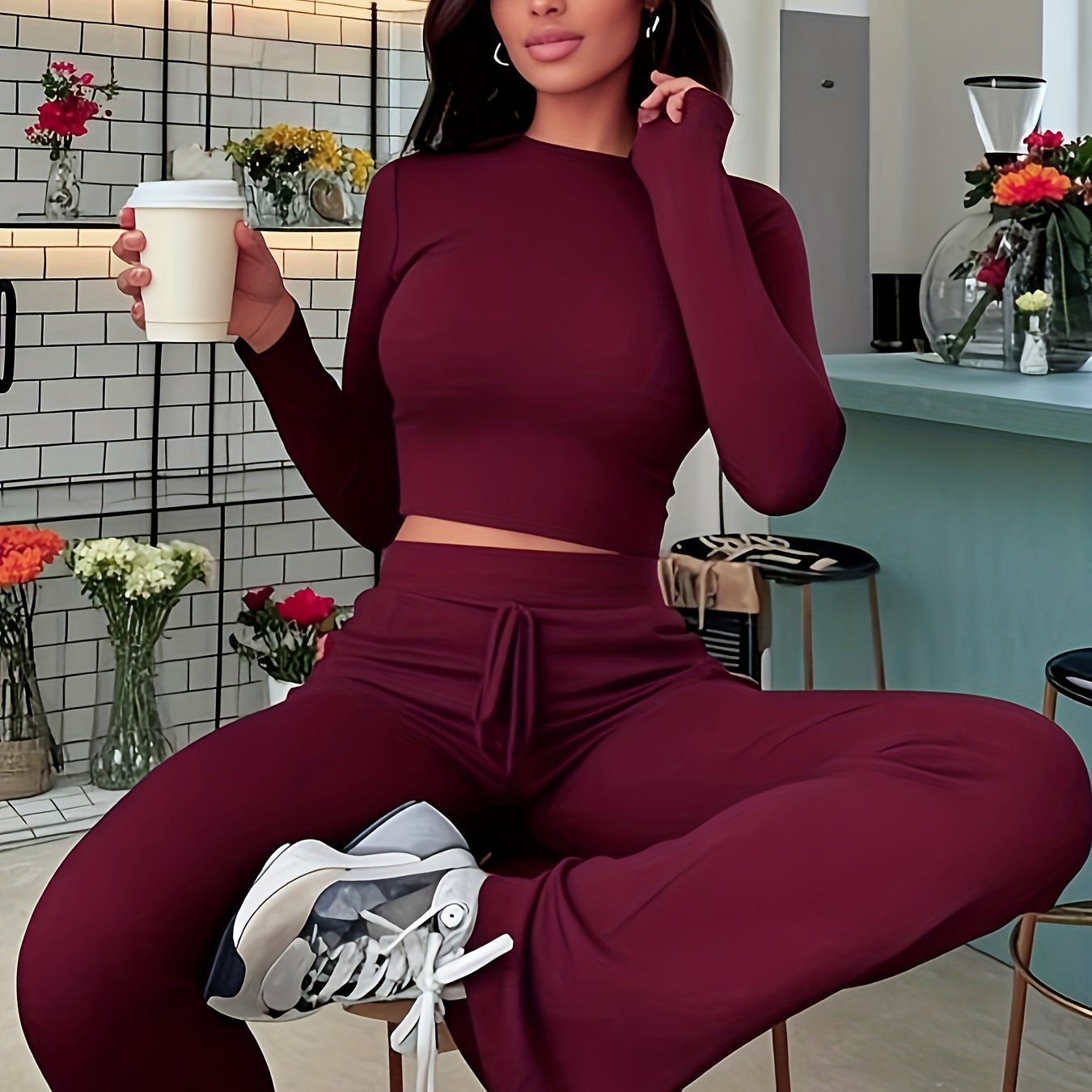 TEMU Autumn And Winter Directional Women's Fashion Navel-baring Long-sleeved Tie Flared Pants Set