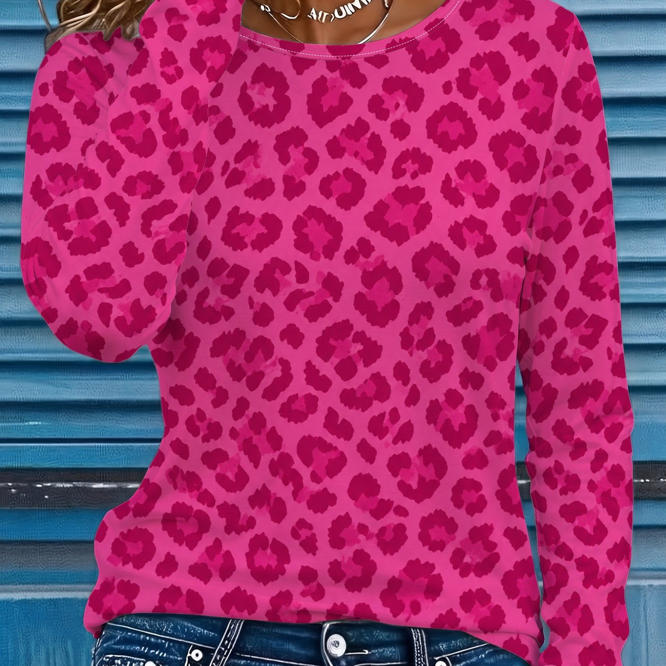 TEMU Women's Round Neck Long Sleeve T-shirt With Leopard Print, Soft And Comfortable Fabric, Print Design, Machine Washable, Elegant, Stylish, And