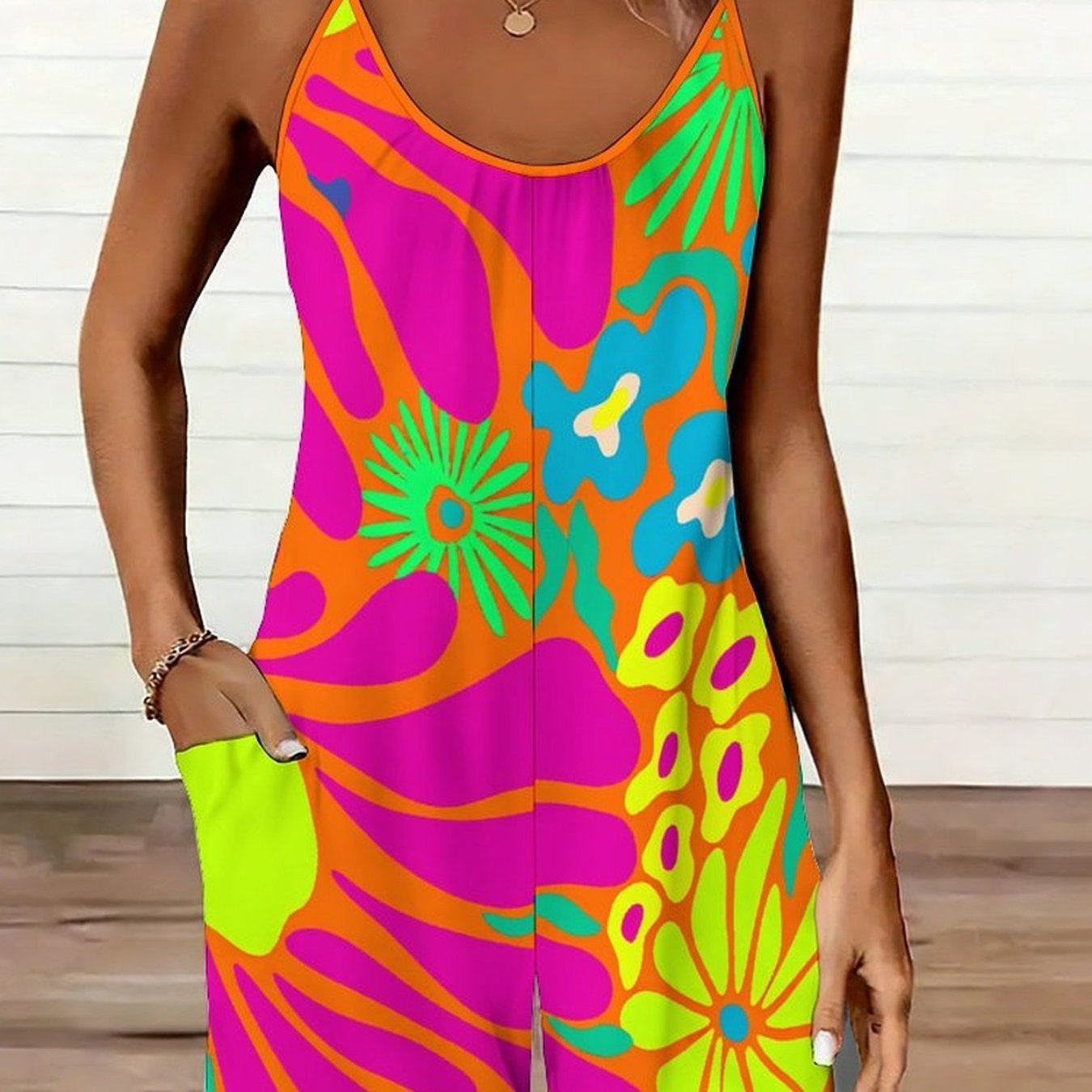 Plus Size, Summer Plus Size Women's Cami Jumpsuit With Classic Fashionable Printed Pattern And Three-dimensional Tailoring. Ideal For Daily Leisure At Home, Commuting, Shopping, Parties And Camping.