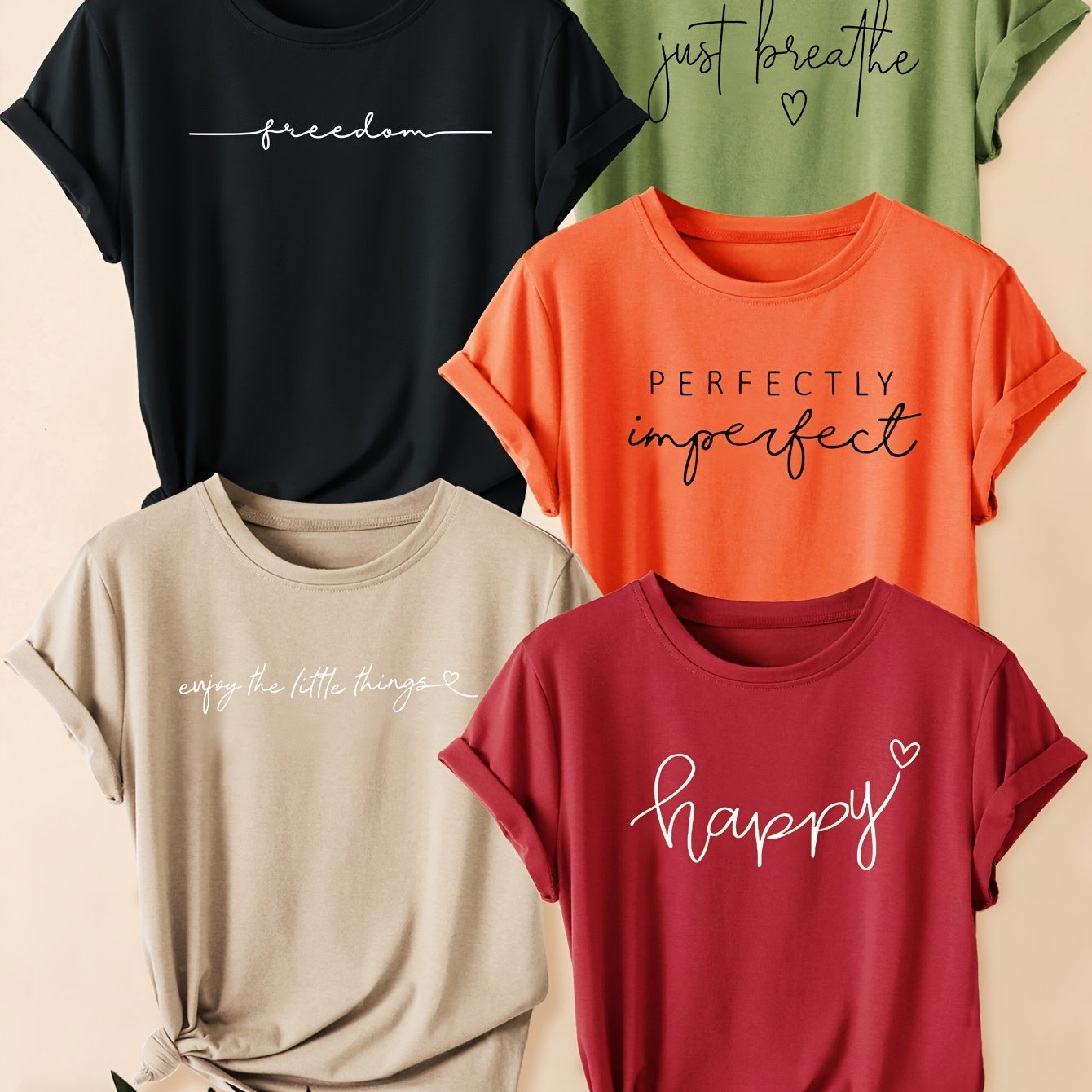 TEMU Five-pack Women's Minimalist Letter Print Short Sleeve Graphic Round Neck Casual Loose Fit Summer T-shirt, Fashionable Vacation Daily Versatile