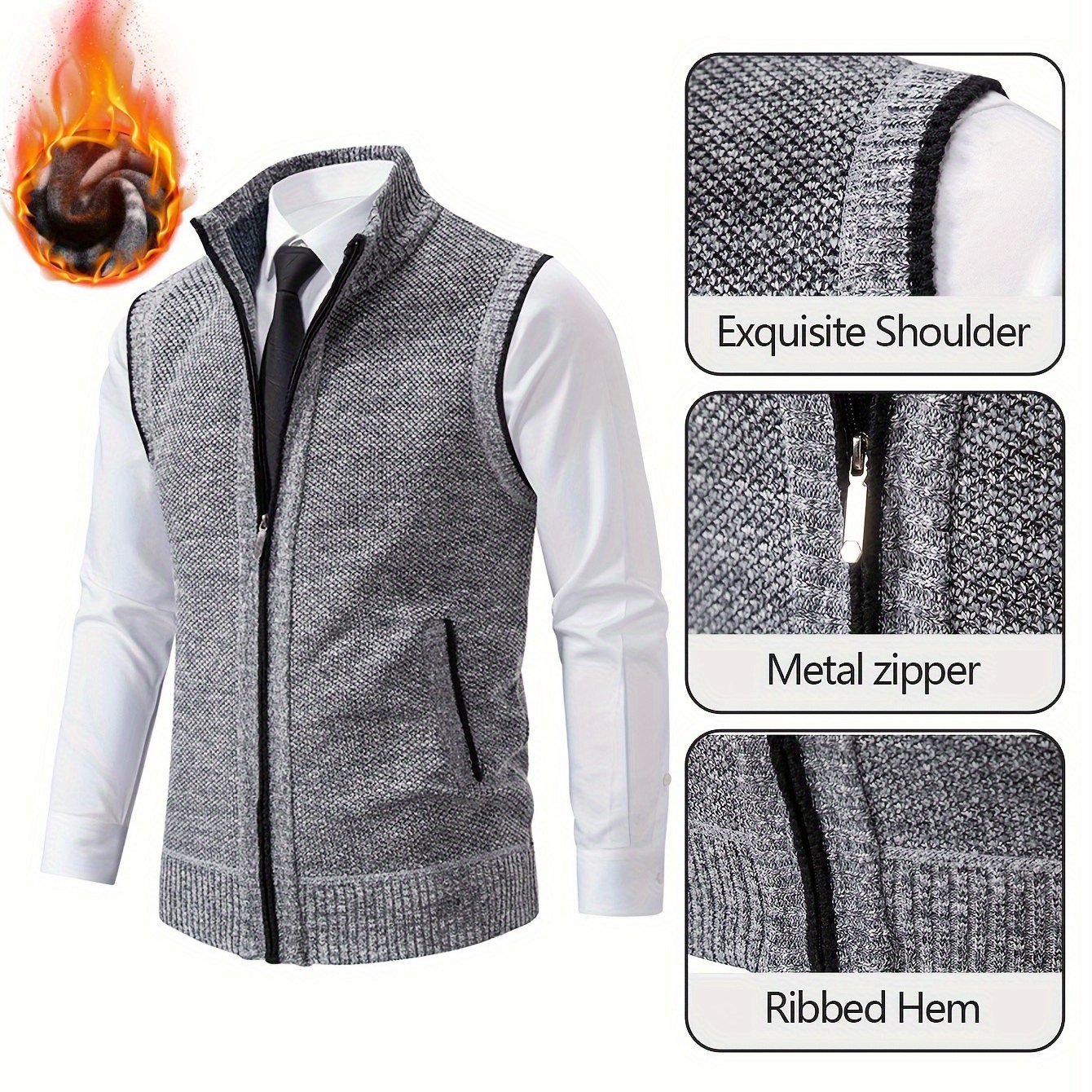TEMU Gilet chaud uni pour homme à fermeture éclair, Gilet tendance pour adulte automne-hiver, Gilet de costume, Pull de sport en pour homme, Gilet