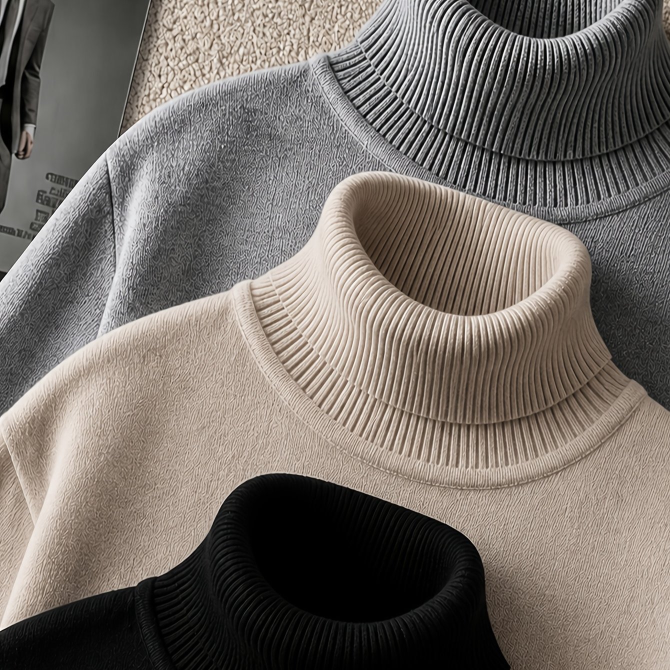 TEMU 3-teiliger verdickter Pullover mit Stehkragen Futter – Herren Freizeit-Rollkragenpullover im Herbst/Winter--Style, bequeme Winterbekleidung,