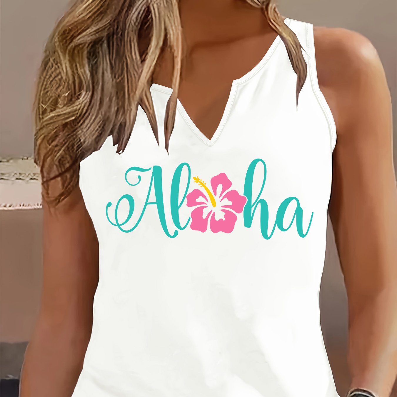 TEMU Women's Hawaiian Aloha Print Sleeveless -neck Tank Top - Non- Beach, Medium Stretch Summer For Vacation, Casual Hawaiian Outfits, Machine