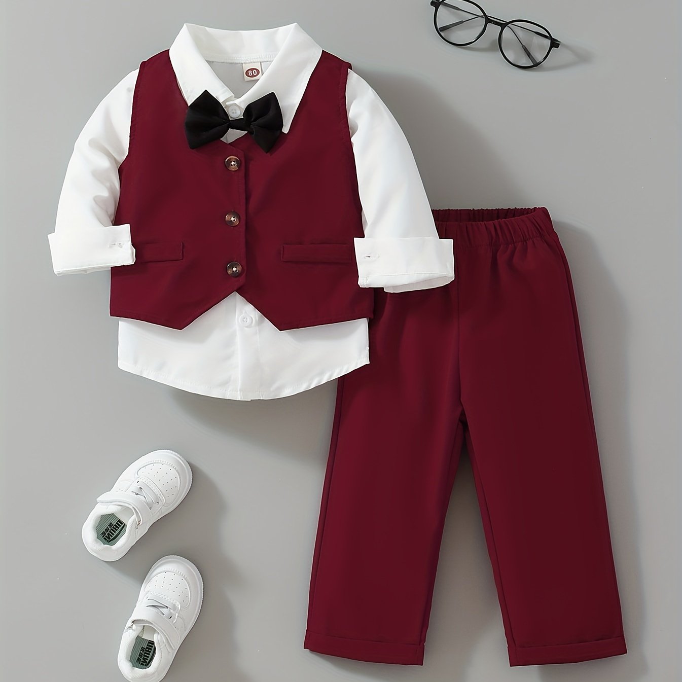 Image of Baby Boy Spring/autumn Woven Fashionable Trendy Casual Simple Vintage Party Vacation Gentleman Bow Tie Lapel Shirt Long Sleeve Vest And Trousers 3pcs Set