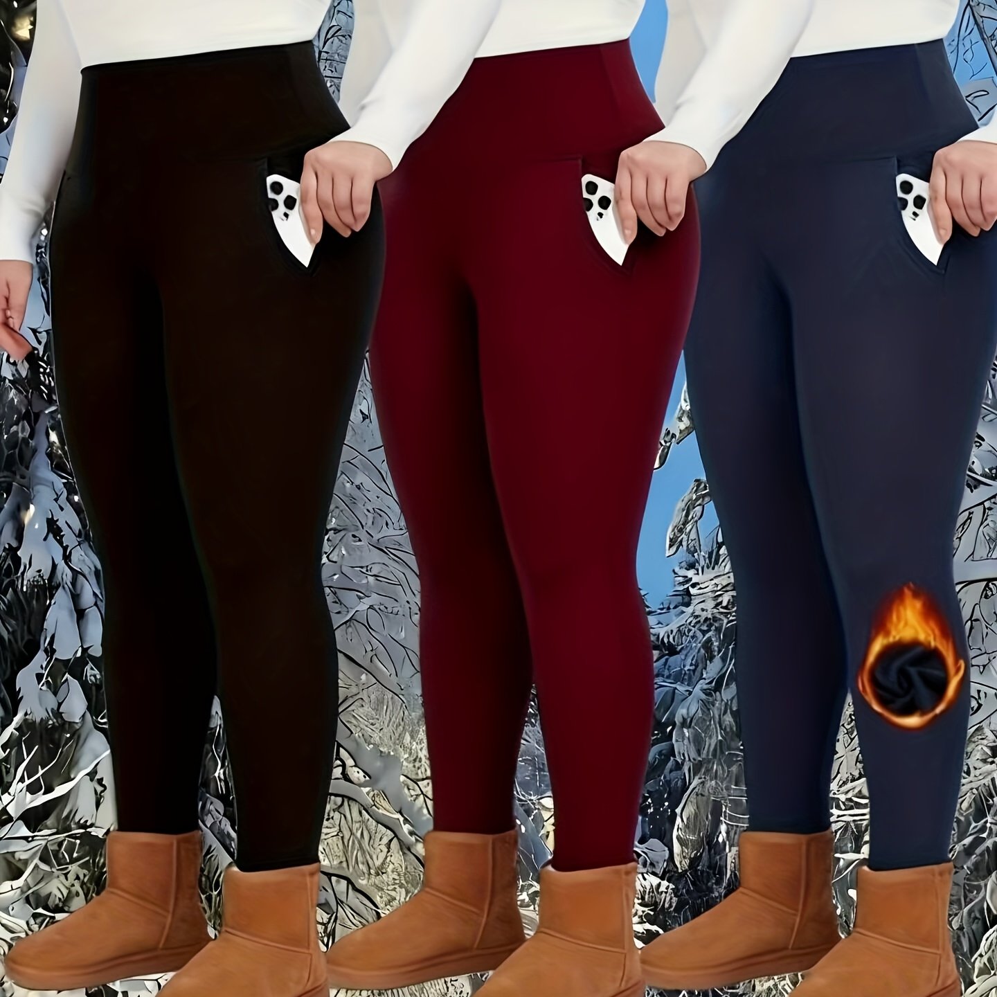 3 Size Fleece Lined Leggings With Pockets For Women - High Waist Thermal Workout Winter Warm Yoga Pants