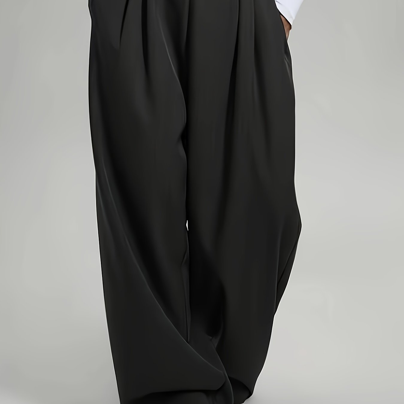 TEMU Elegant High-waist Wide-leg Pants | Solid Color, Long Length, Elastic Waist, Pocket Details, Suitable For And Weekend Casual Occasions