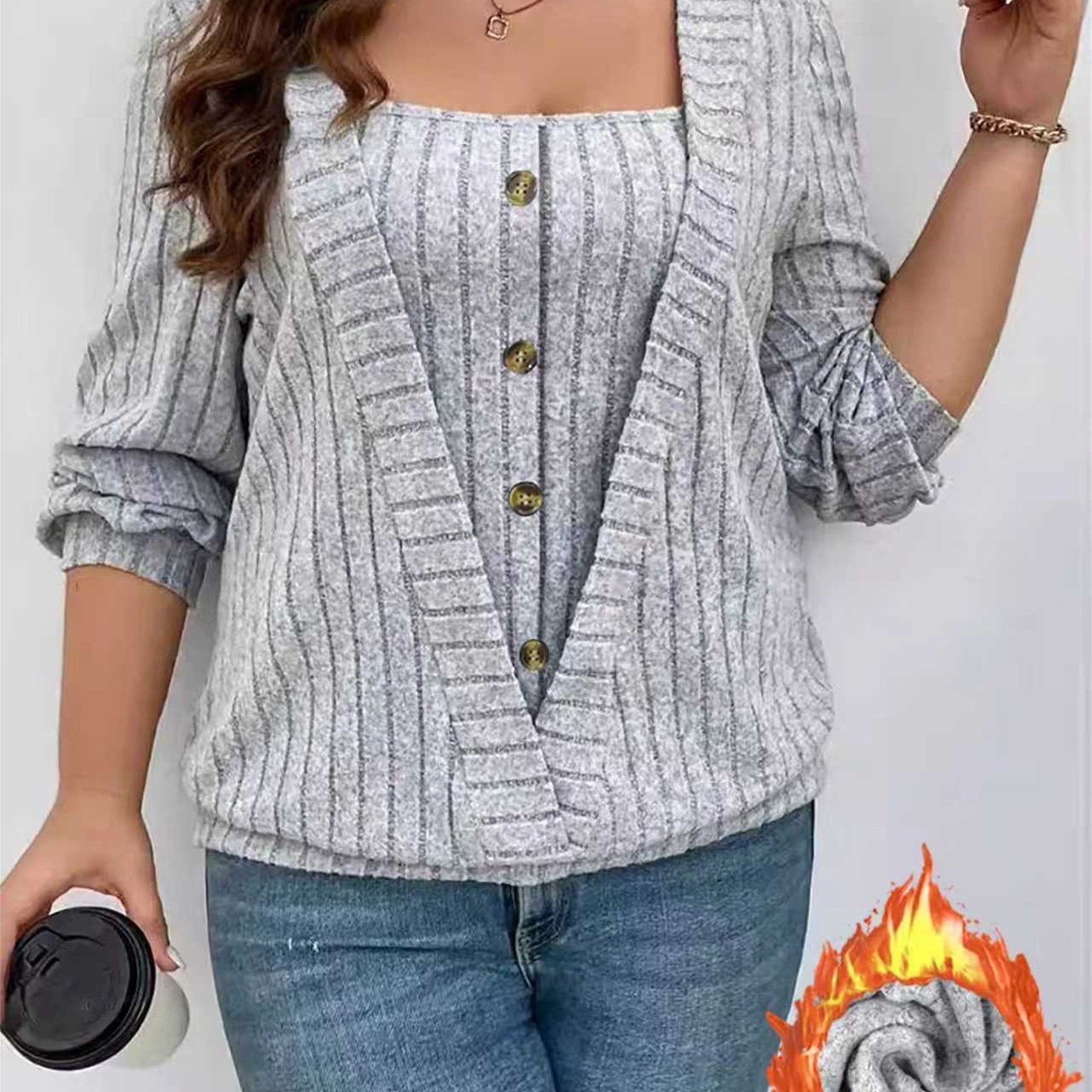 Image of Plus Size, New Solid Color Sweater With Square Neckline, Long Sleeves, And Button- 2-in-1 Look, Women's Top T-shirt