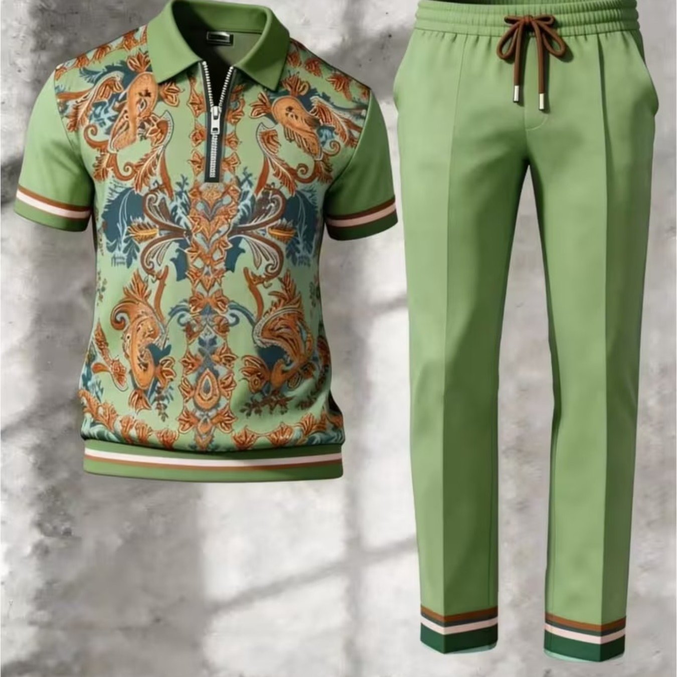 TEMU Ensemble pantalon et haut à manches courtes pour homme, col à motif imprimé [ texture], style décontracté tendance, vêtement décontracté de rue
