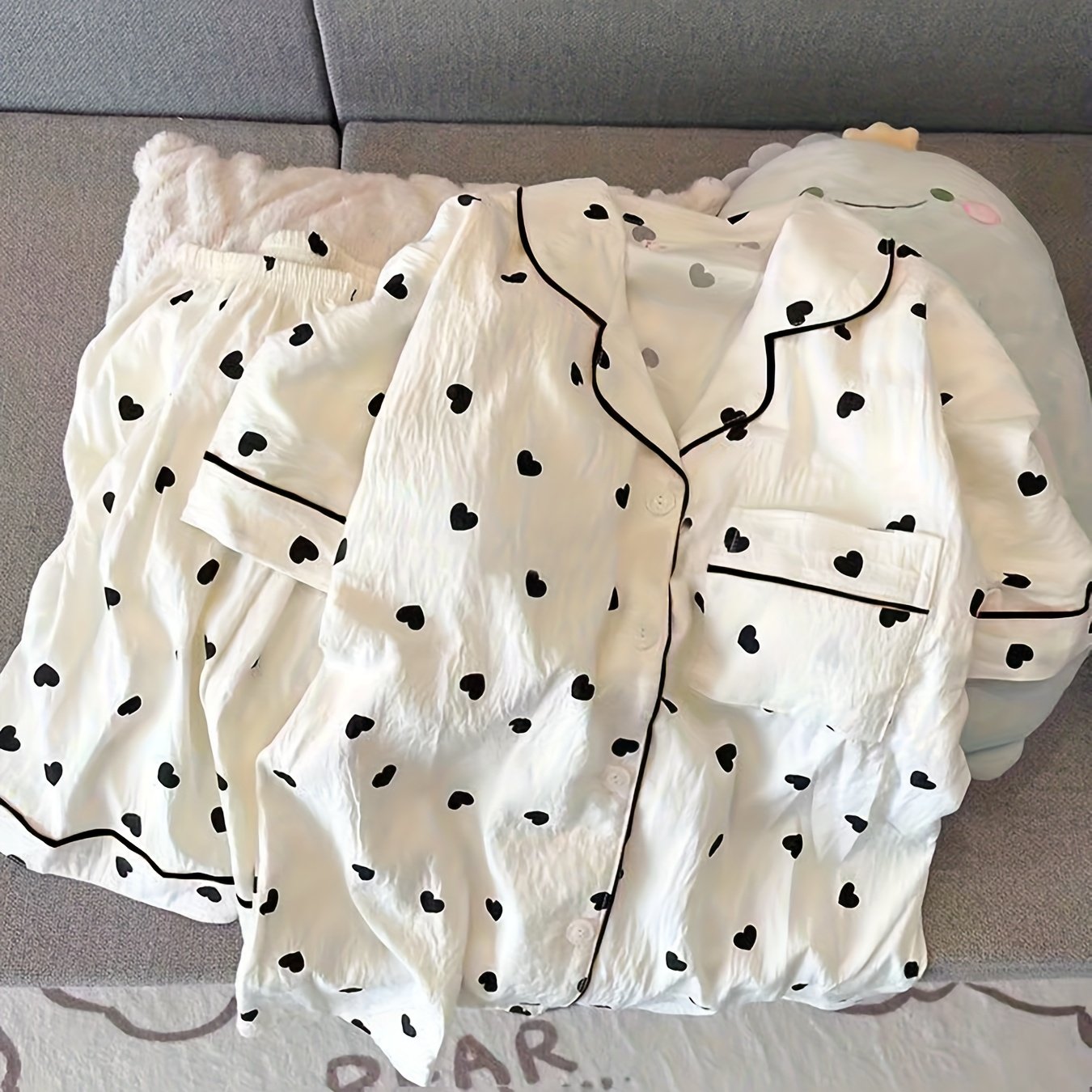 E-shop Damen-Pyjama-Set, 2-teilig, Herbst-Herz-Print, kurzärmeliges Oberteil Shorts, süß niedlich, geeignet für den Außenbereich, Freizeitkleidung für