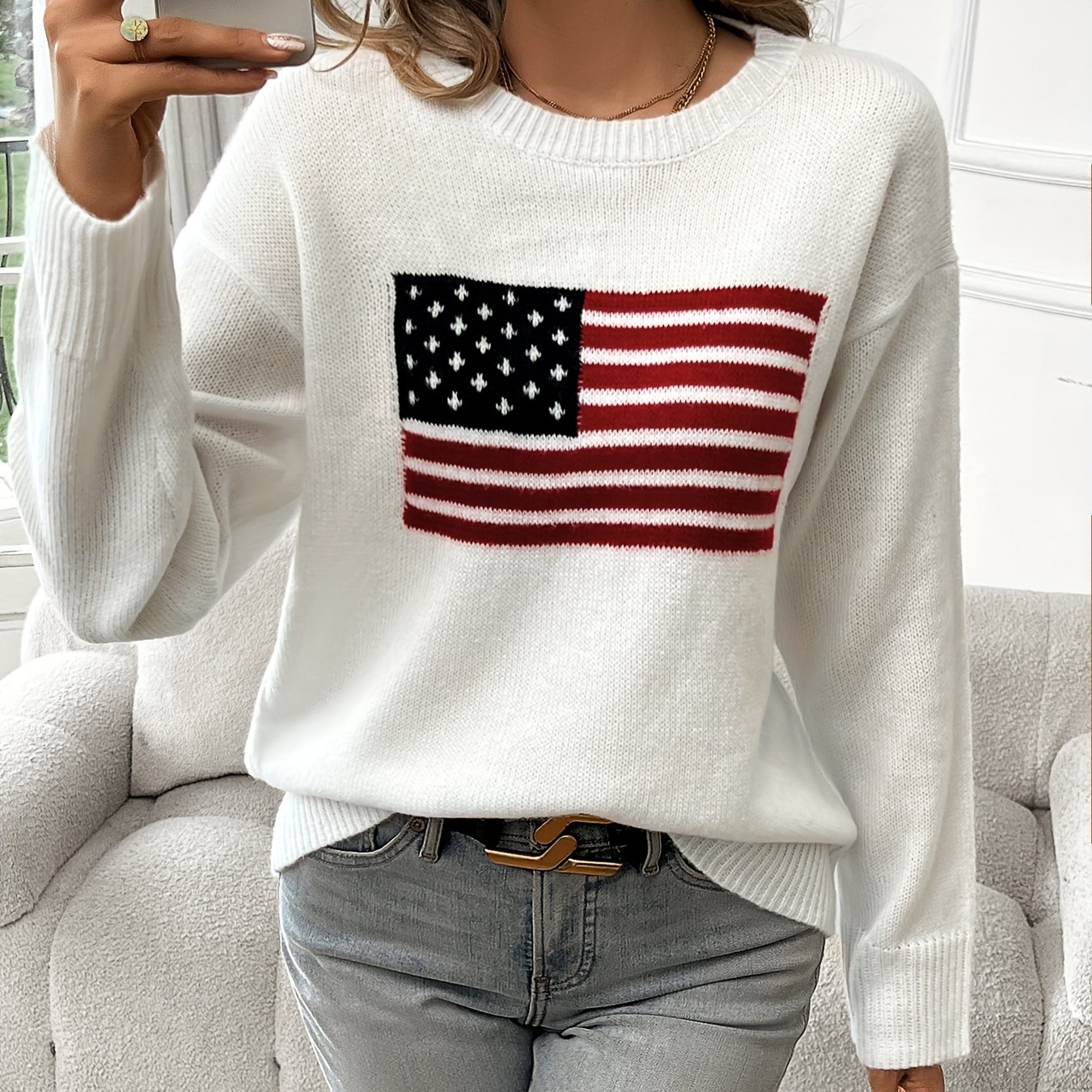 American Flag Pattern Long Sleeve Pullover Sweater