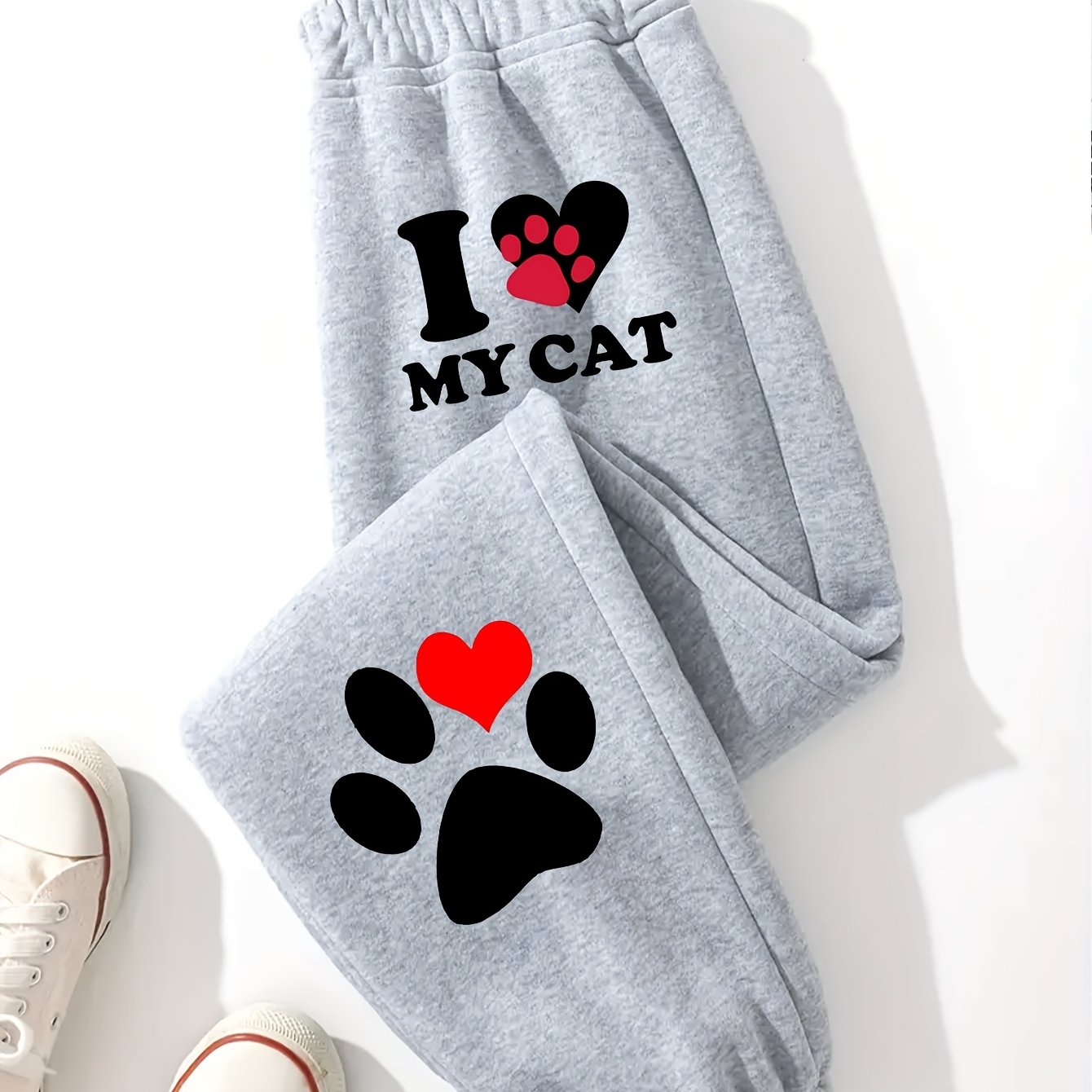 TEMU Cat Lovers ! I Cat Paw Print Black Jogger Pants Women, Loose And Casual Sweatpants Must-have! Heart Cat Paw Letter Jogger Pants