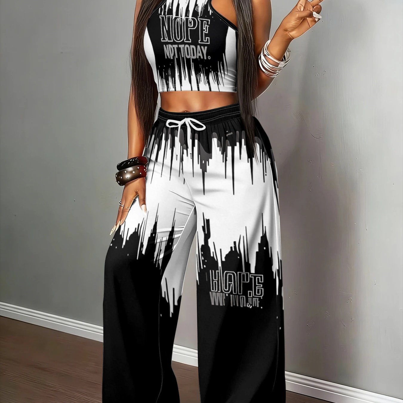 TEMU Women's Y2k Sweet& Cool Halter Top& Wide-leg Pants Set, Black& White Gradient Letter Print, Drawstring Wide-leg Stylish 2pcs Set