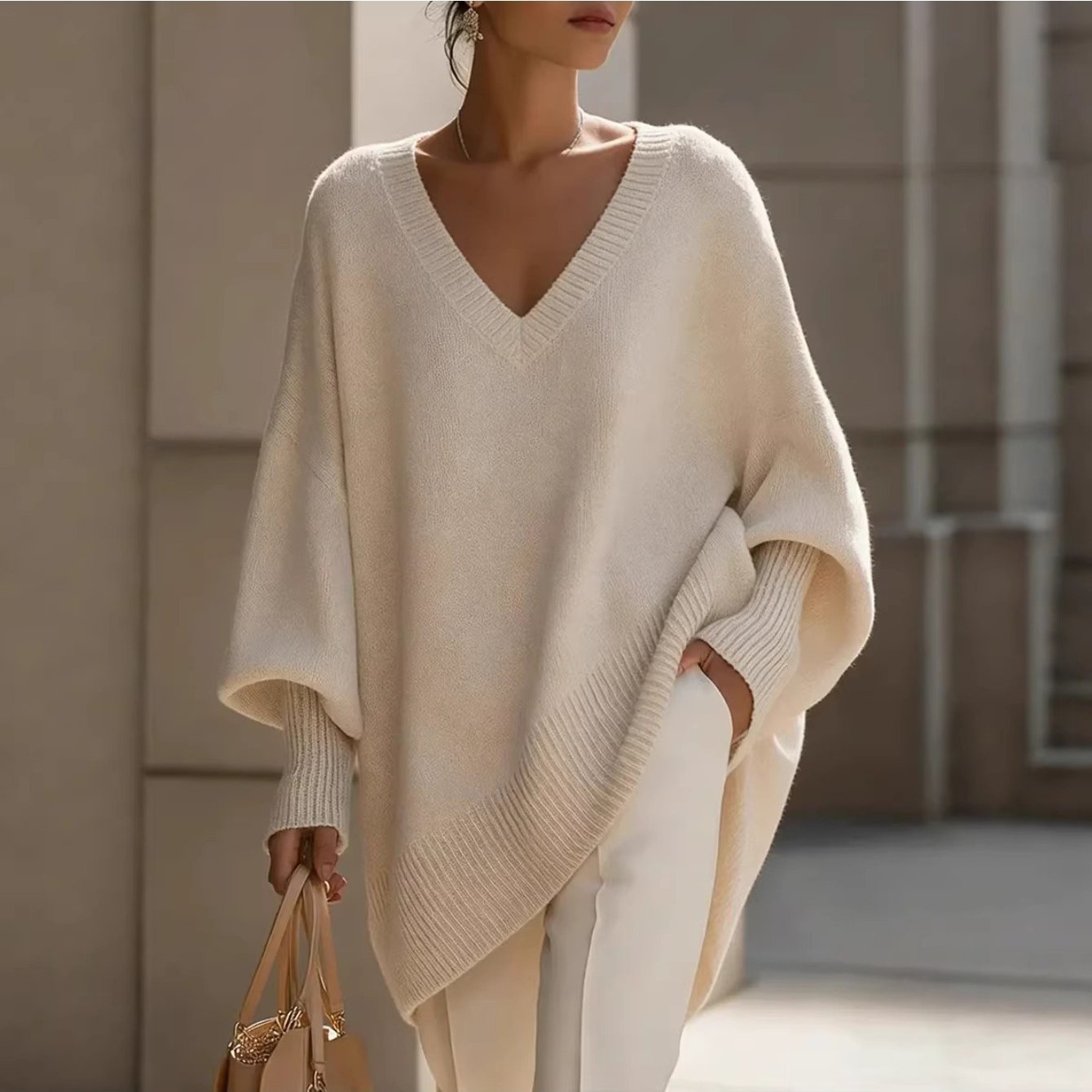 Lazy Style Deep V Batwing Sleeve Sweater Women Autumn Winter Loose Cover Hip Long Pullover Minimalist Solid Top For Outing