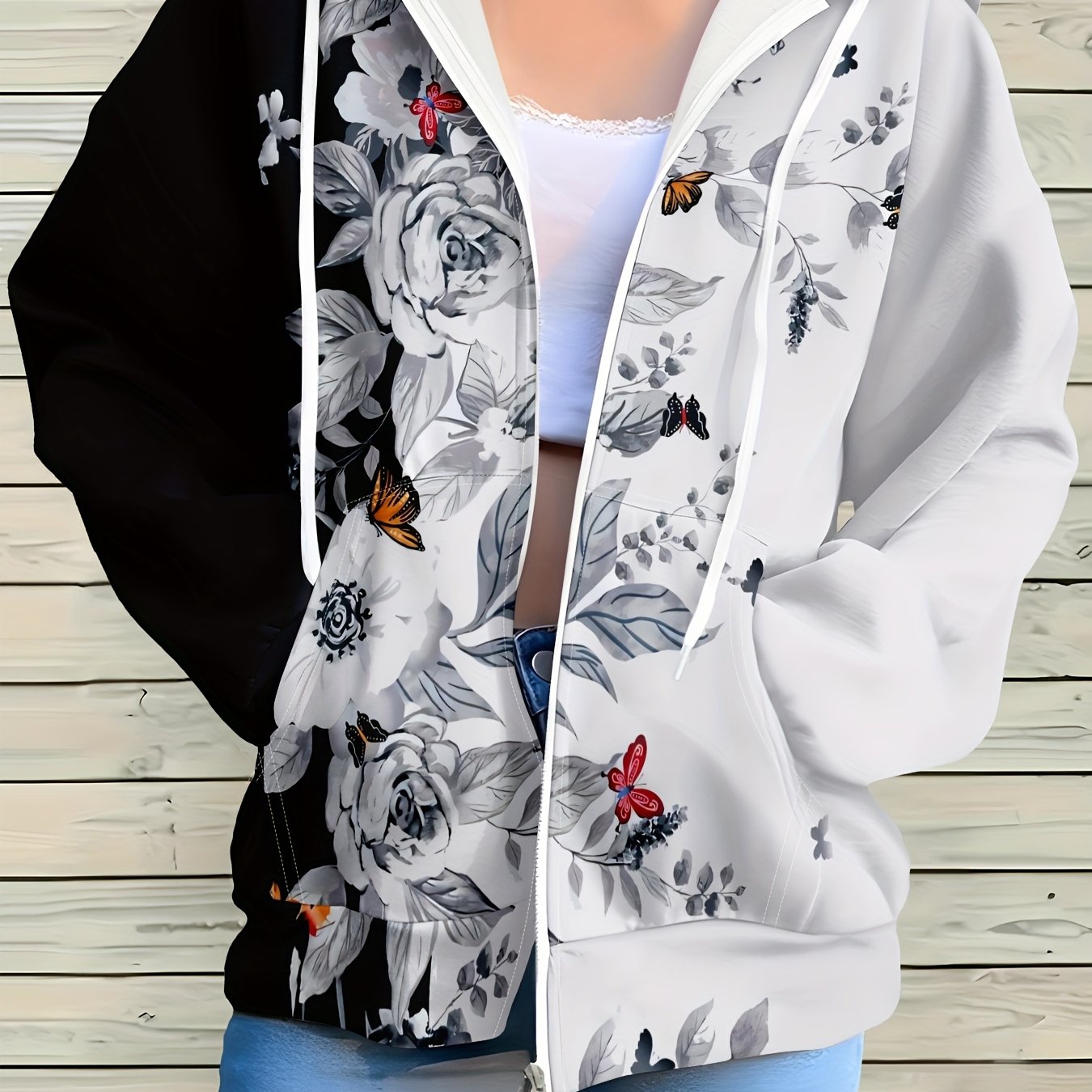 TEMU Plus Size - Plus Size - Plus Size Women's Floral Zipper Hoodie - Rose Design, Loose H-fit, Machine Washable Fall Casual Pullover Sweatshirt