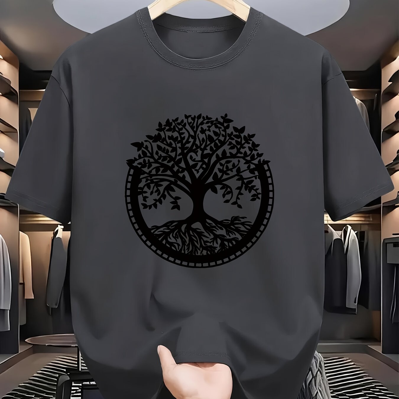 TEMU Summer Casual Short Sleeved T-shirt, Men's Tree Print T-shirt, Comfortable And Versatile, Breathable Polyester Fiber Fabric, Round Neck Short