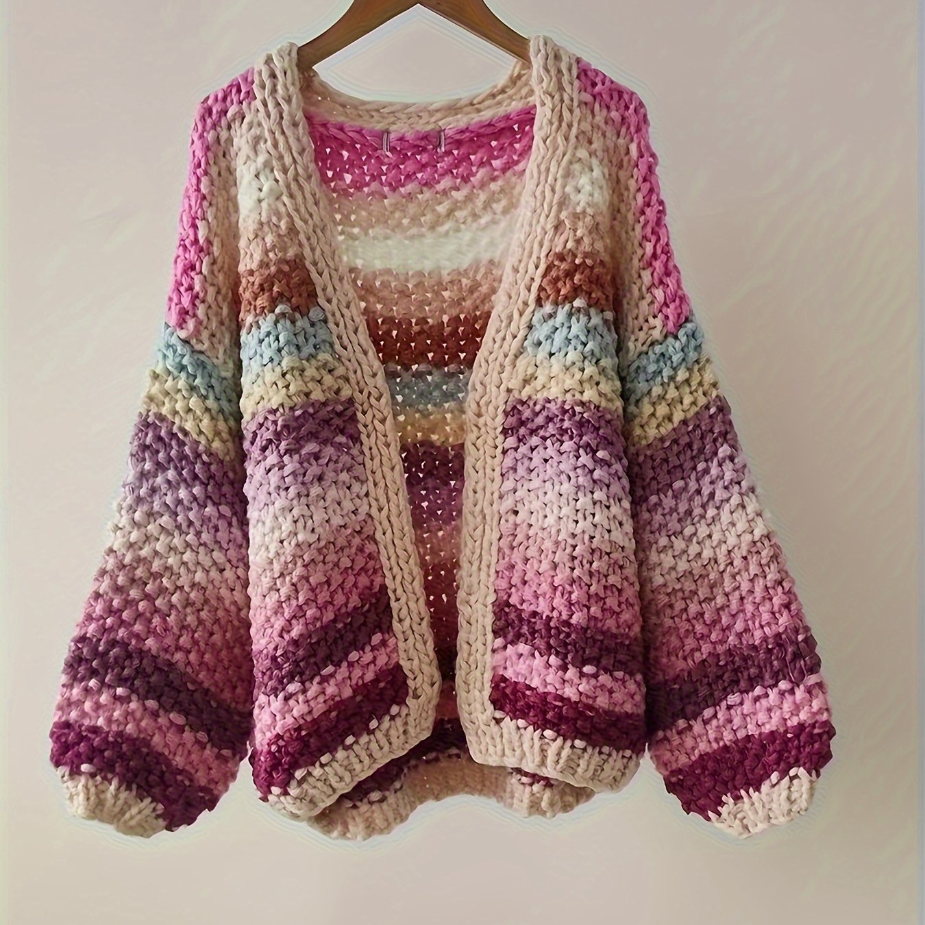 Autumn/winter New Arrival European And American Lazy Style Handmade Rainbow Stripe Contrast Color Thick Sweater Coat For Women
