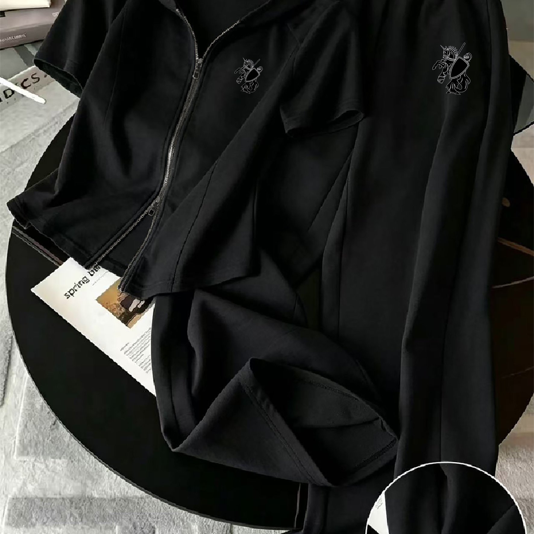 TEMU Chic Korean Light Athleisure 2pcs Full Zip Hooded Short Sleeve Cardigan Elastic Waist Straight Leg Track Pants Women Daily Casual Set