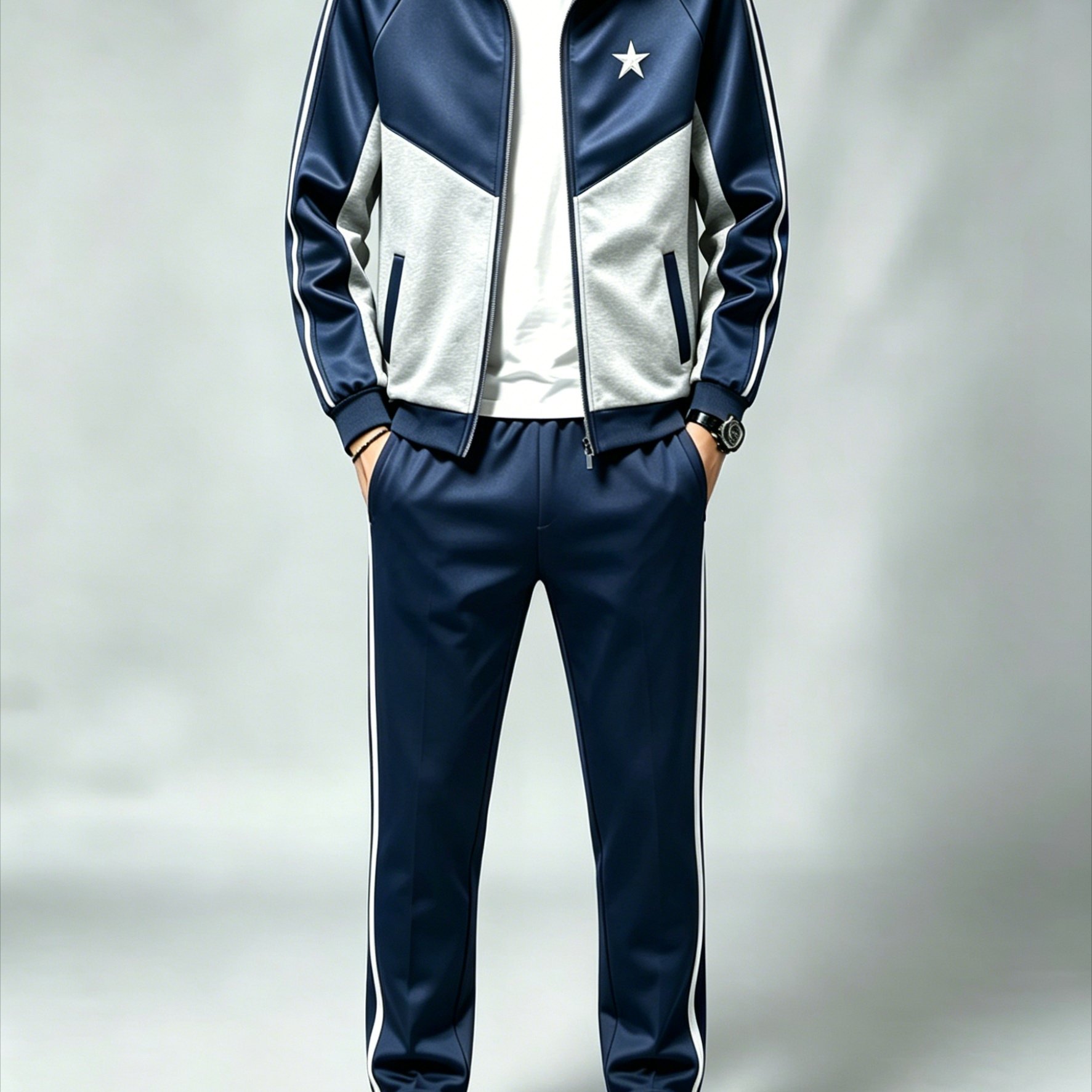 Image of Men's Stand Collar Cardigan Sports Set, Casual 2pcs Outfit With Navy And Gray Color Block, Side Stripes And , Polyester Fabric