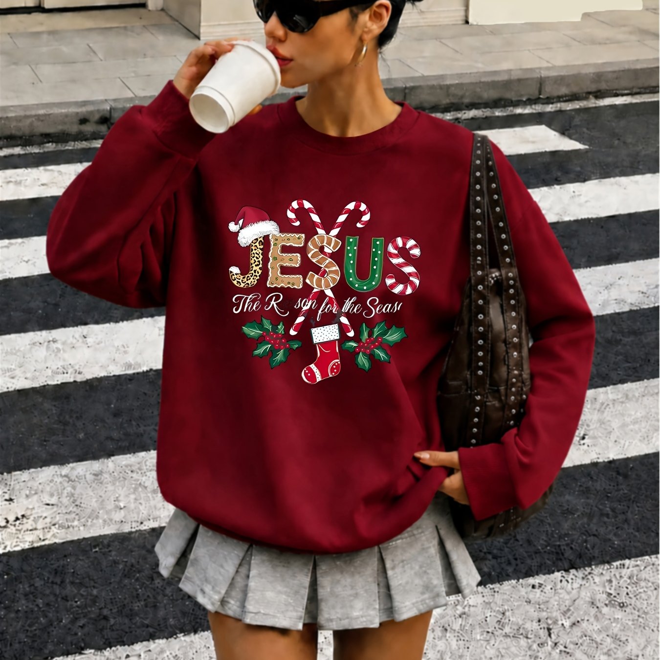 TEMU Women's Fleece-lined Round Neck Pullover Sweatshirt - "jesus" Christmas Print, Comfortable Loose , Festive Holiday Design Casual Top