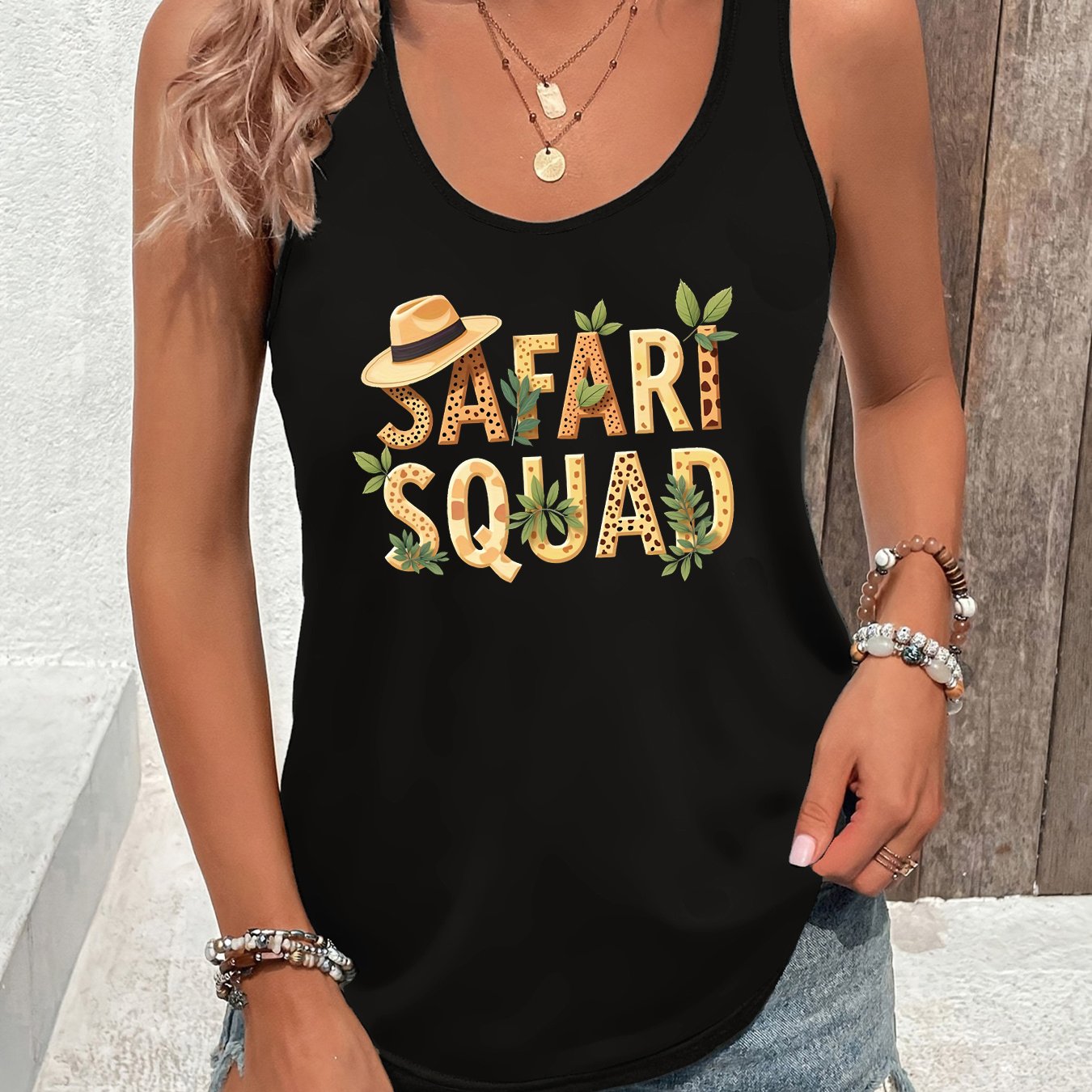 TEMU Squad Letter Print Tank Top, Sleeveless Casual Top For Summer& Spring, Women's Clothing