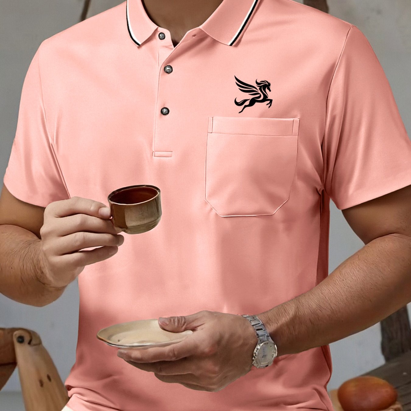 TEMU New Summer Print Men' Color Short-sleeve Shirt With Chest Pocket, Breathable And Suitable For Casual Office, Weekend Activities, Outdoor Cafes,