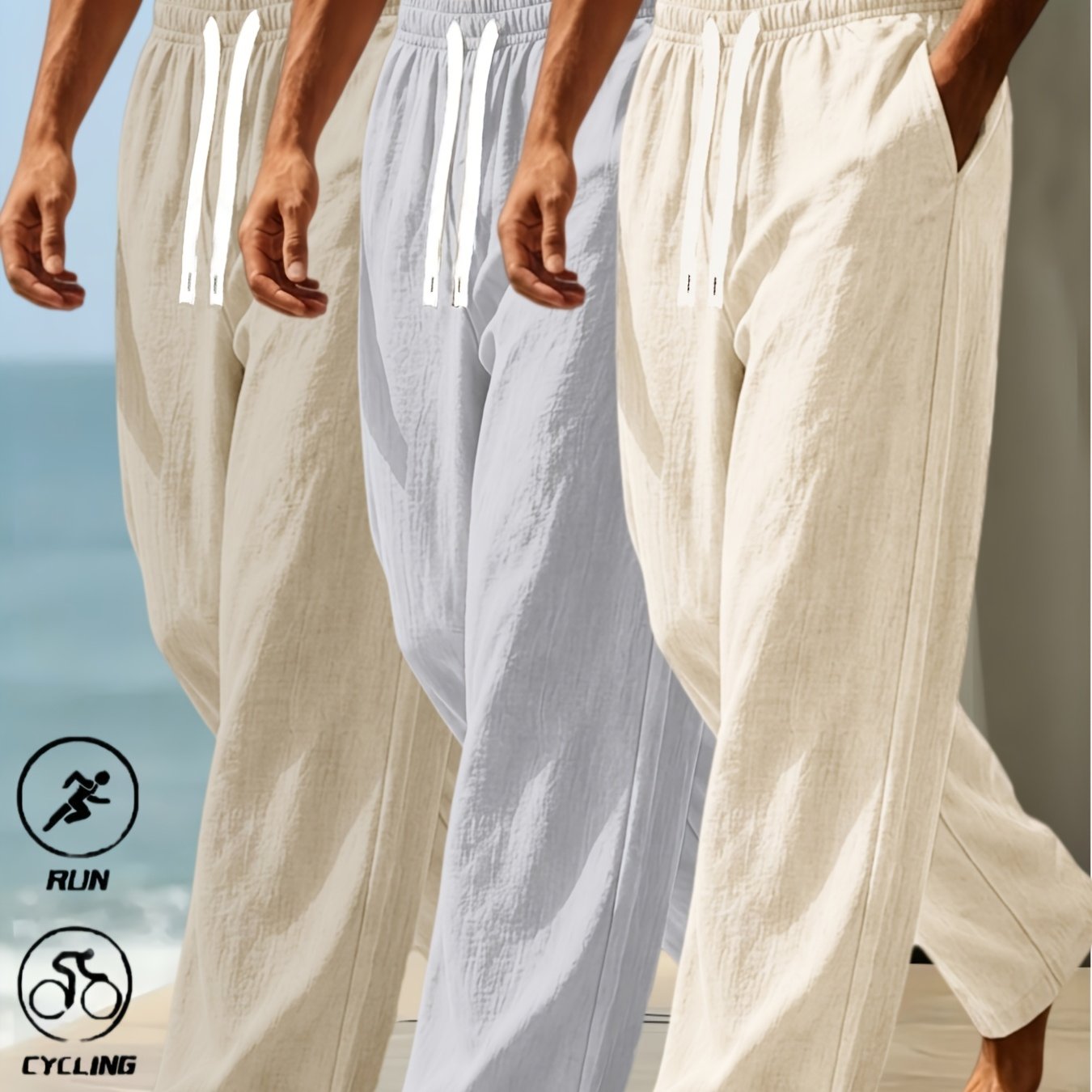 TEMU 3pcs Men's Casual Linen Trousers, Solid Color Wide-leg Long Pants With Pockets, Spring Summer Autumn Outdoor Casual Comfortable Breathable