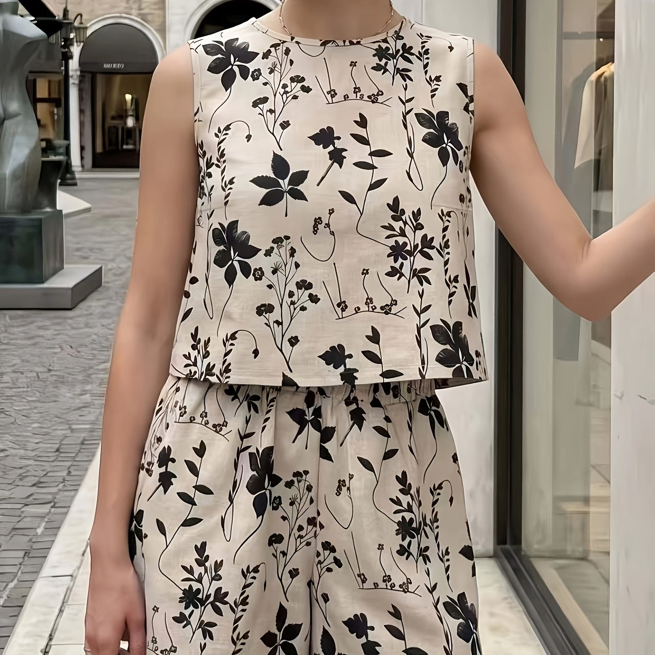 TEMU Retro Leaf Pattern Fashion Print Women's Fashion Set