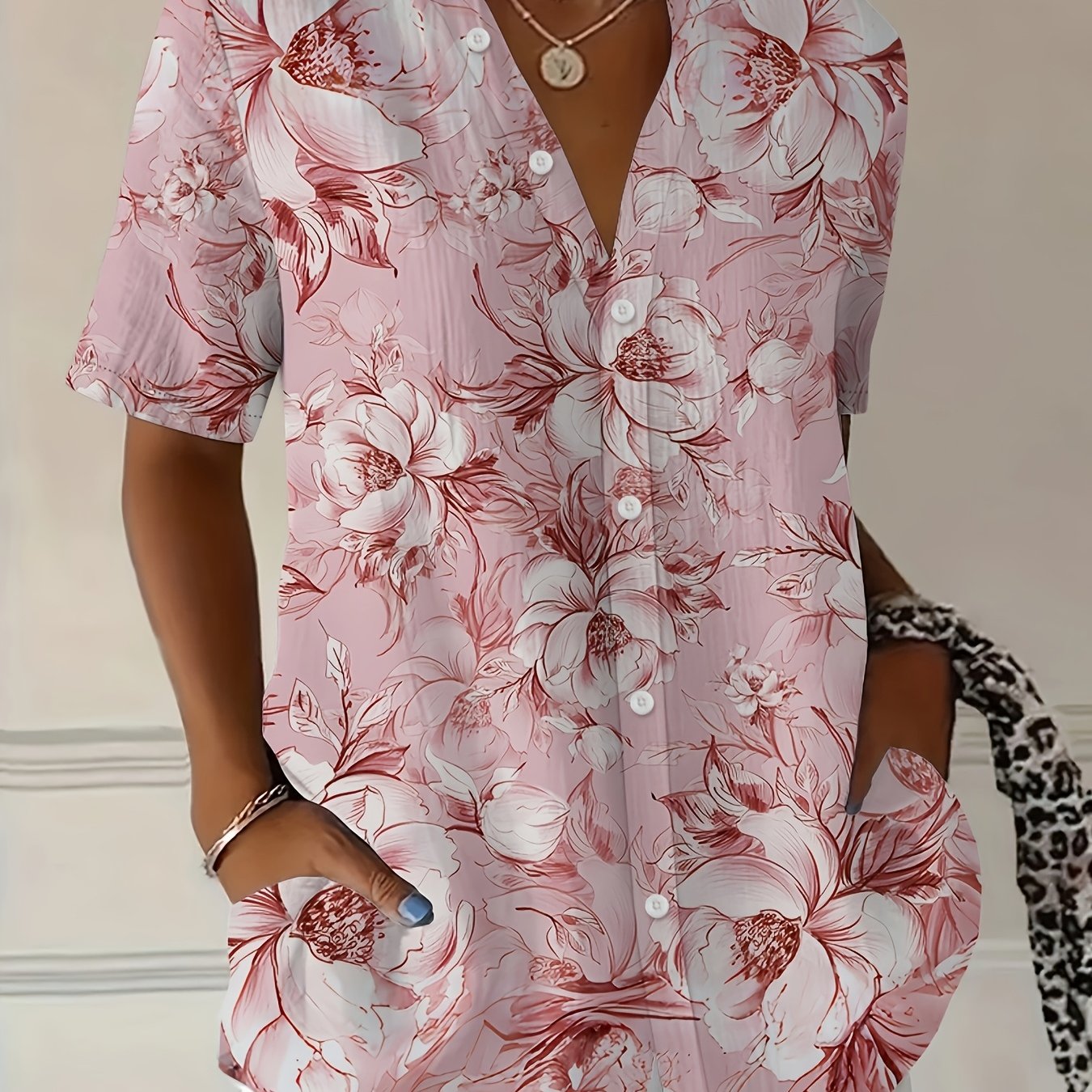 TEMU Plus Size Women's Fashion Elegant Printed Short Sleeve Casual Shirt