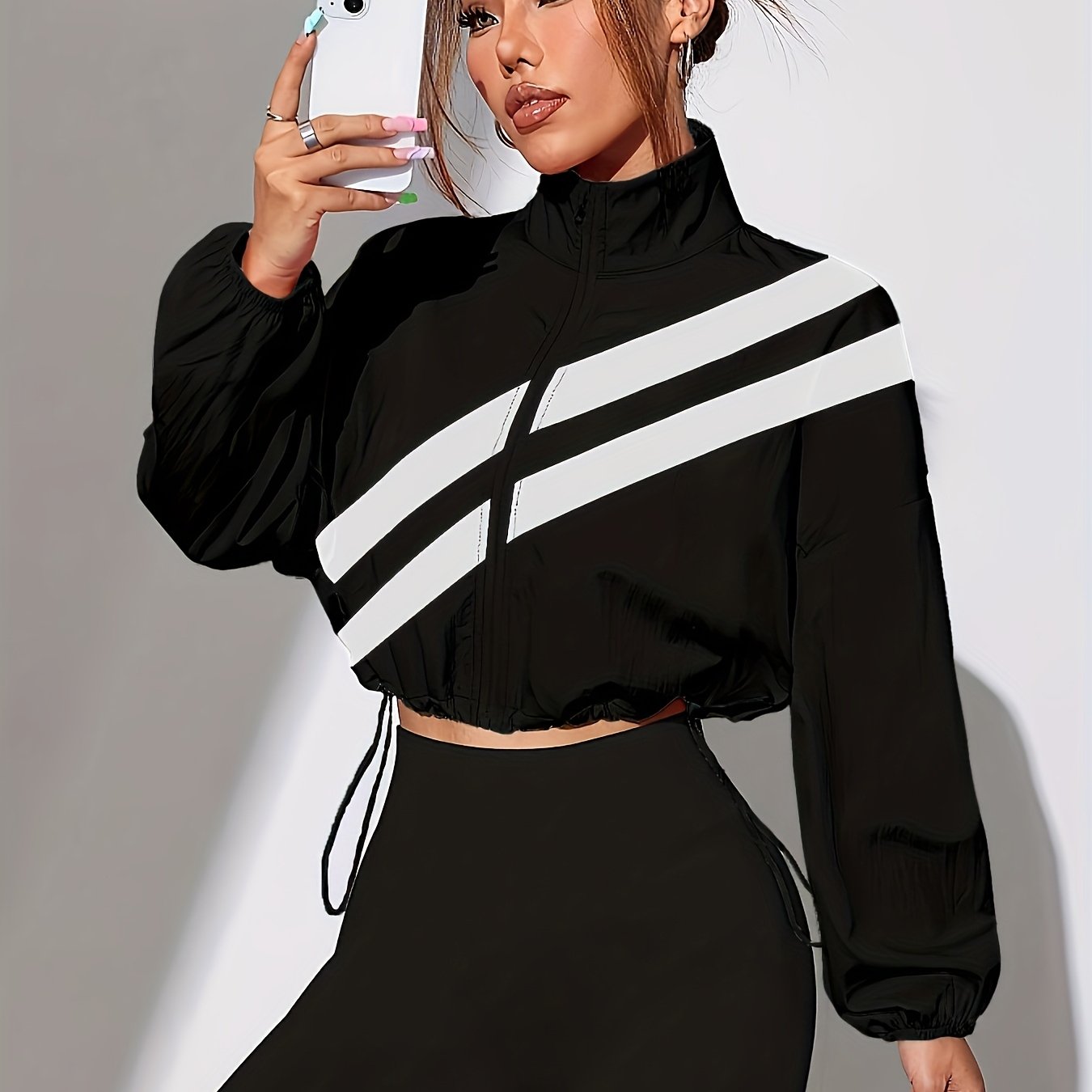TEMU A Full-zip Stylish Sports Jacket With Pockets, Featuring A Drawstring Hem, Suitable For Spring And Autumn, Ideal For Running, Fitness, And Other